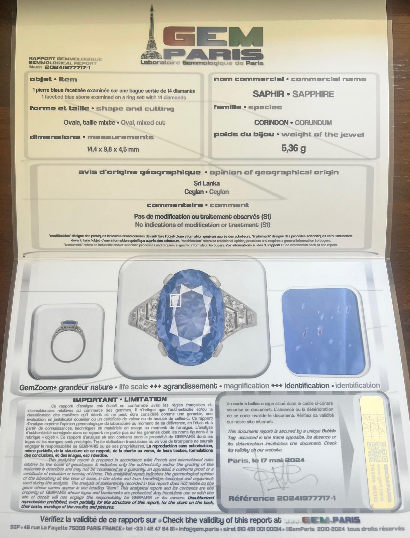 French 1920s Art Deco Natural Ceylon Sapphire Diamonds Platinum Ring For Sale 15