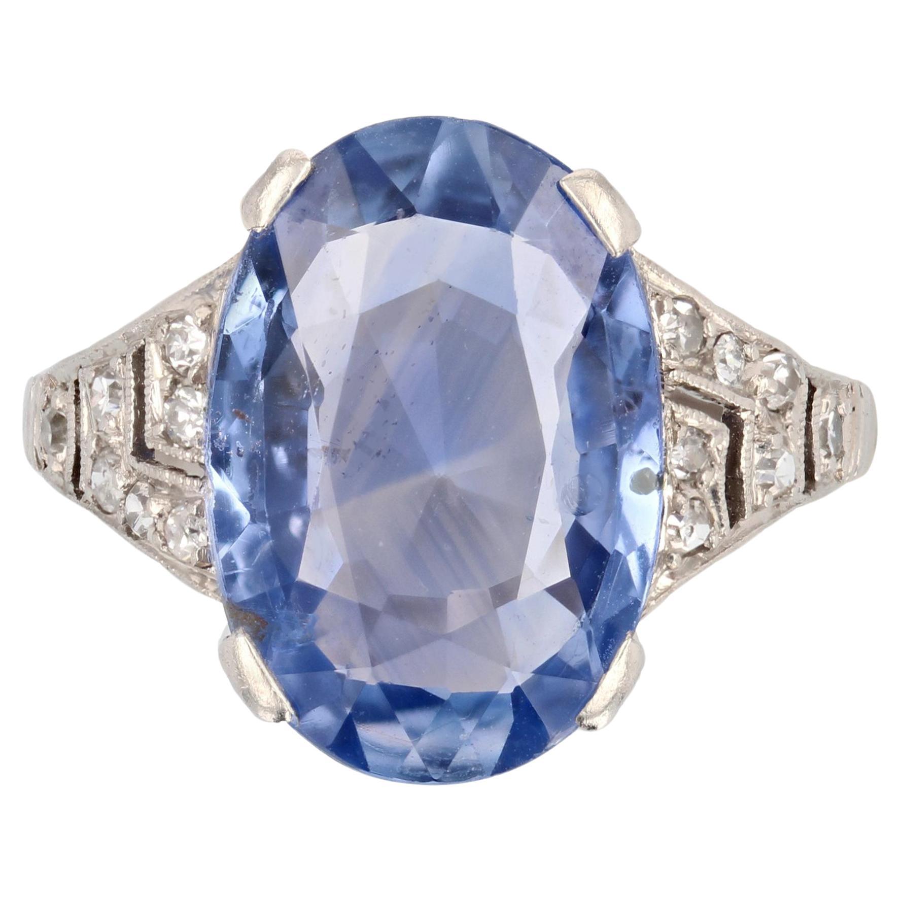 French 1920s Art Deco Natural Ceylon Sapphire Diamonds Platinum Ring