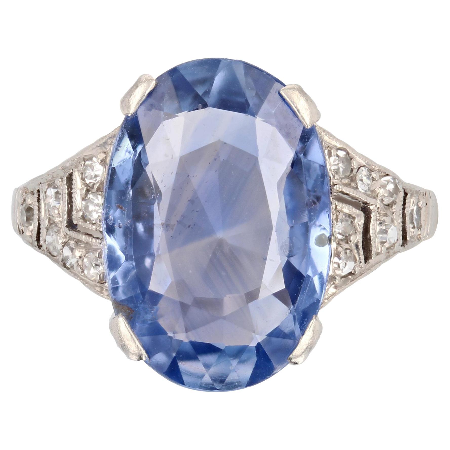 Bague Art déco française des années 1920, saphir de Ceylan naturel, diamants et platine