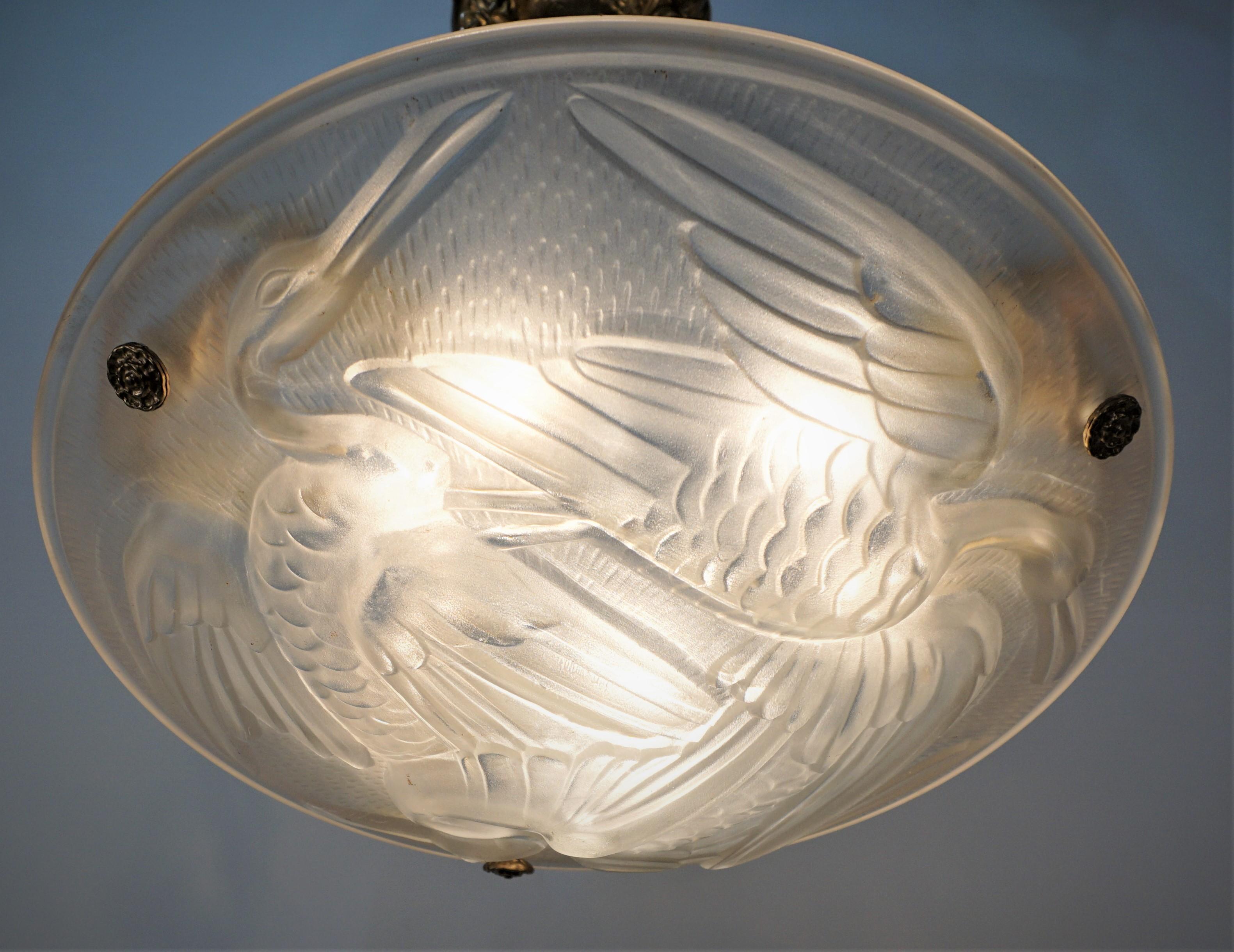  French 1920's Art Deco Pendant Chandelier by Jean Noverdy. 2 in stock In Good Condition In Fairfax, VA