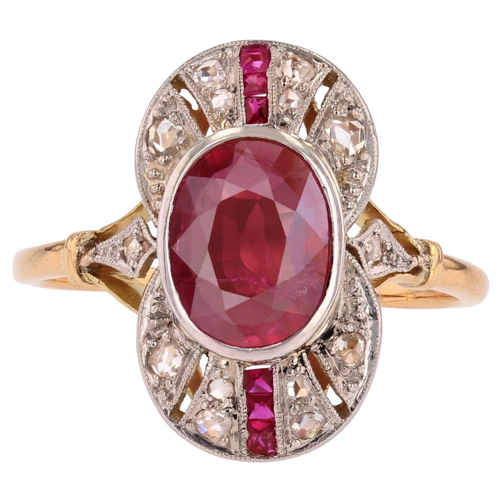 French 1920s Art Deco Rubies Diamonds 18 Karat Yellow Gold Platinum Ring