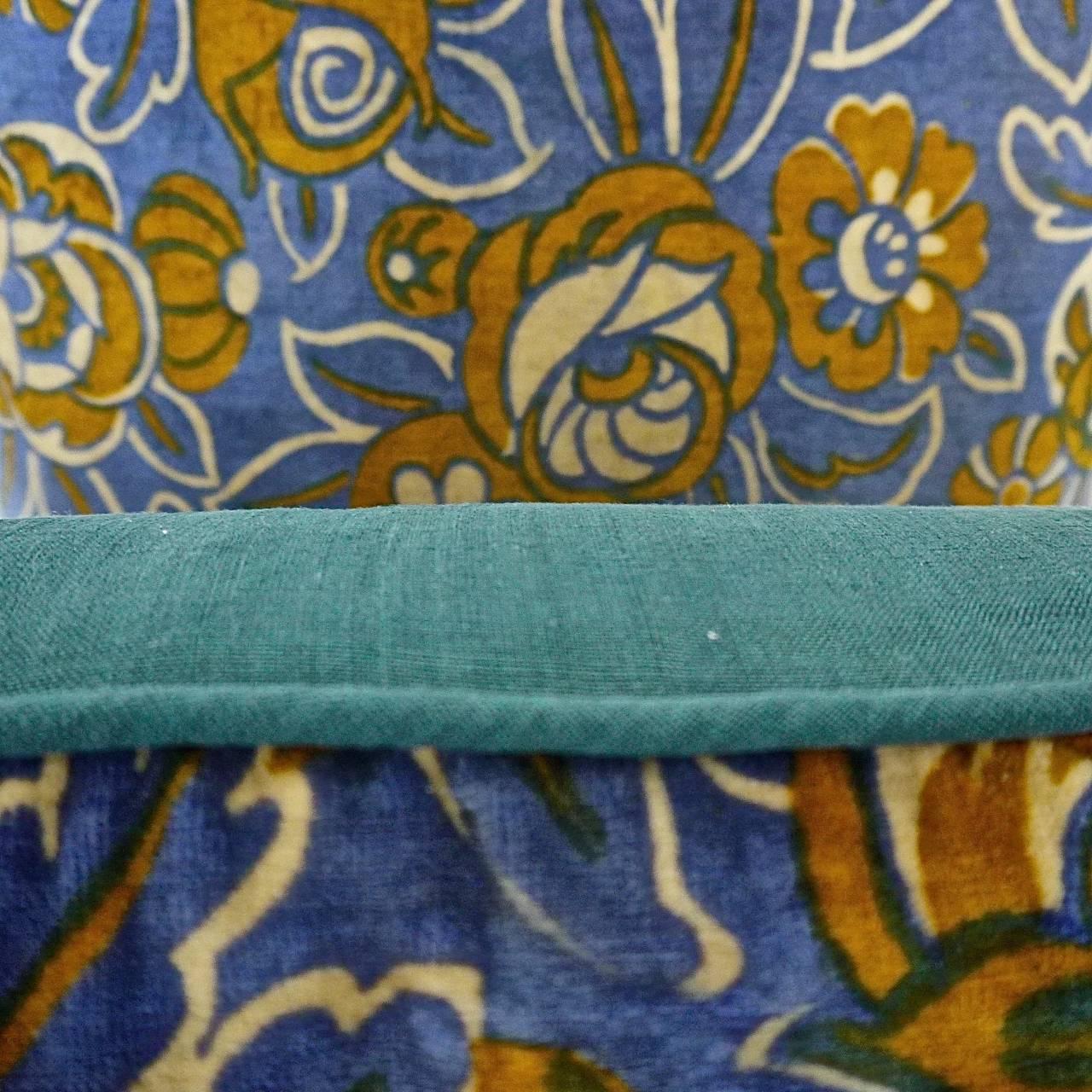 Cotton French 1920s Art Deco Tan and Blue Floral Velvet Cushion For Sale