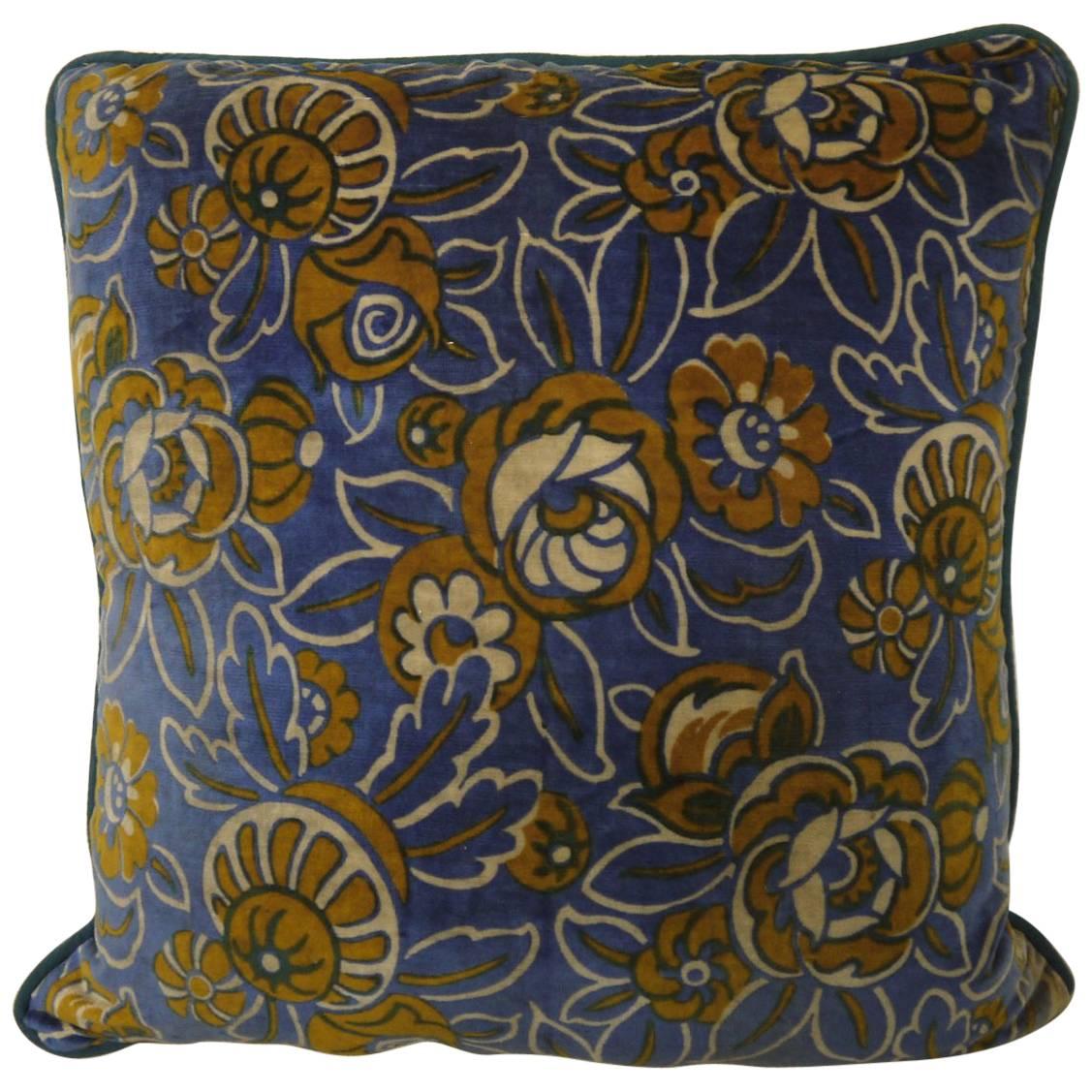 French 1920s Art Deco Tan and Blue Floral Velvet Cushion For Sale