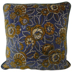 French 1920s Art Deco Tan and Blue Floral Velvet Cushion