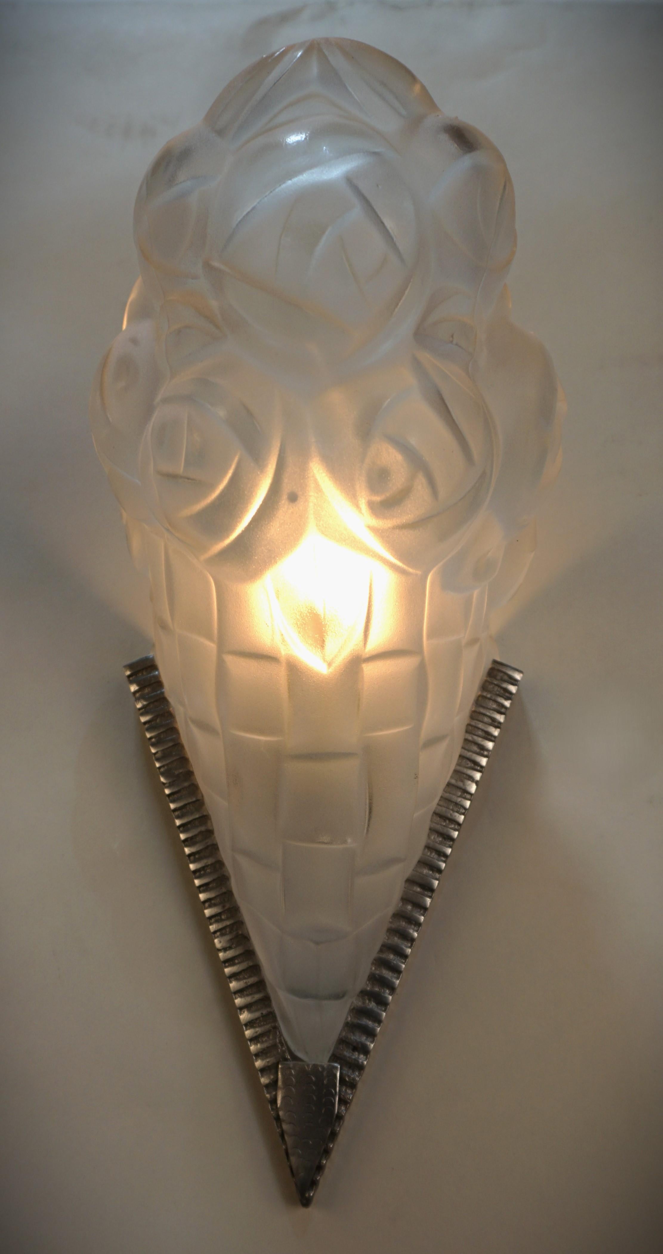 Early 20th Century French 1920's Art Deco Wall Sconces by Degue For Sale
