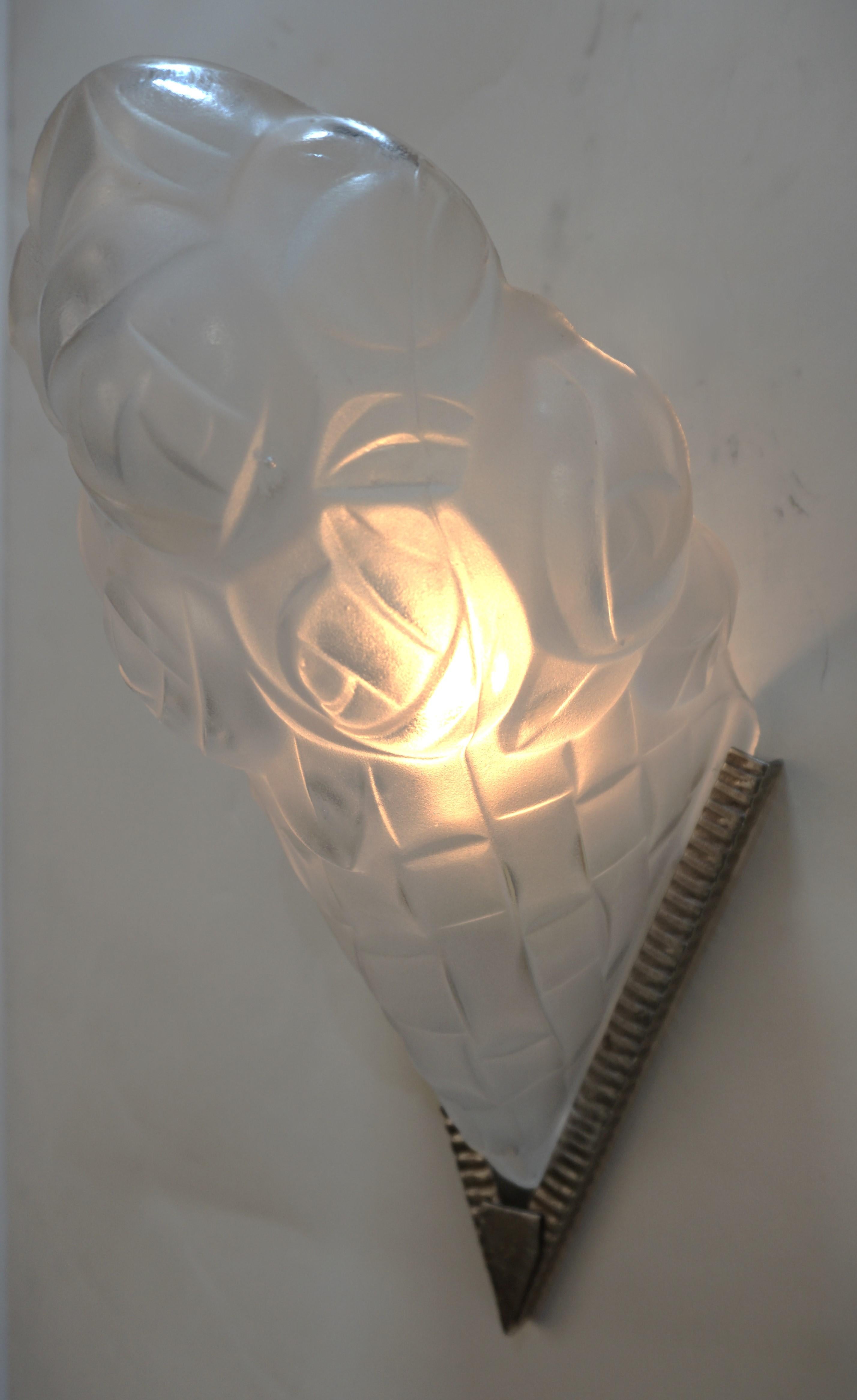 Glass French 1920's Art Deco Wall Sconces by Degue For Sale