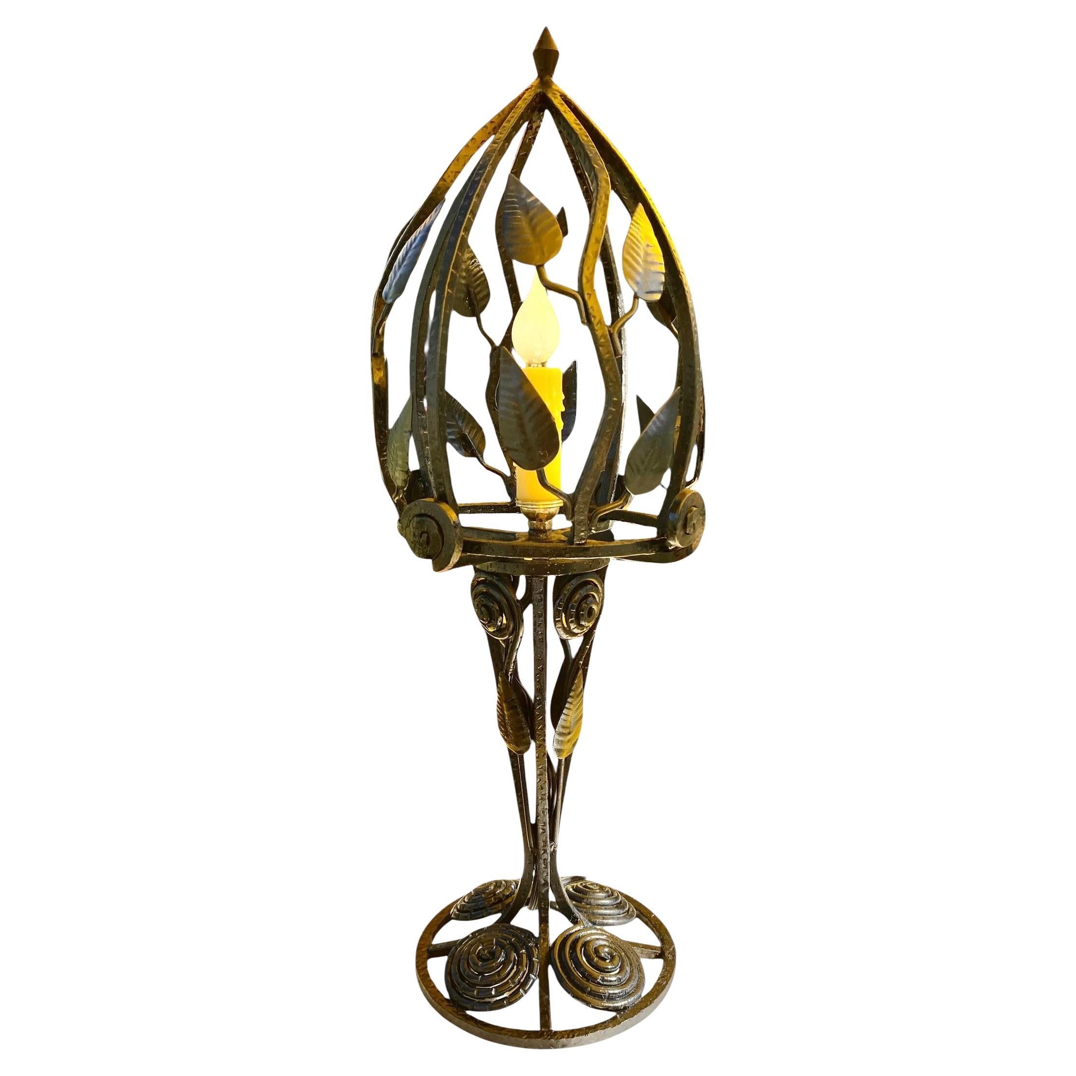 French 1920’s Art Deco Wrought Iron Table Lamp Leaves And Scrolls
