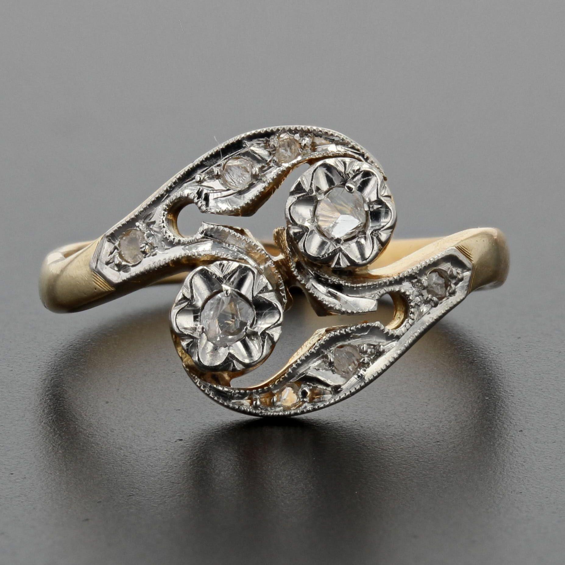 Rose Cut French 1920s Belle Époque Diamonds 18 Karat Yellow White Gold Ring For Sale