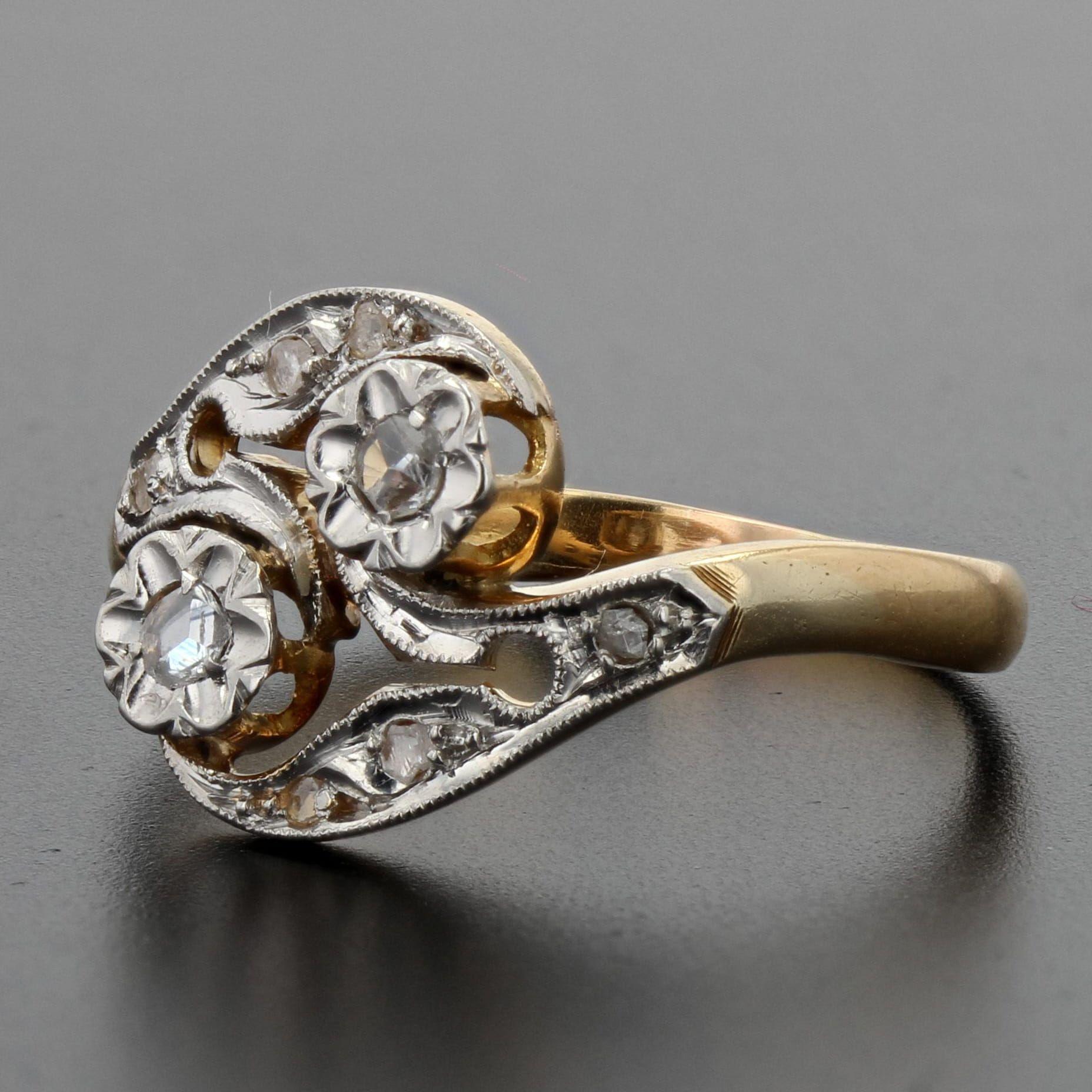 French 1920s Belle Époque Diamonds 18 Karat Yellow White Gold Ring In Good Condition For Sale In Poitiers, FR
