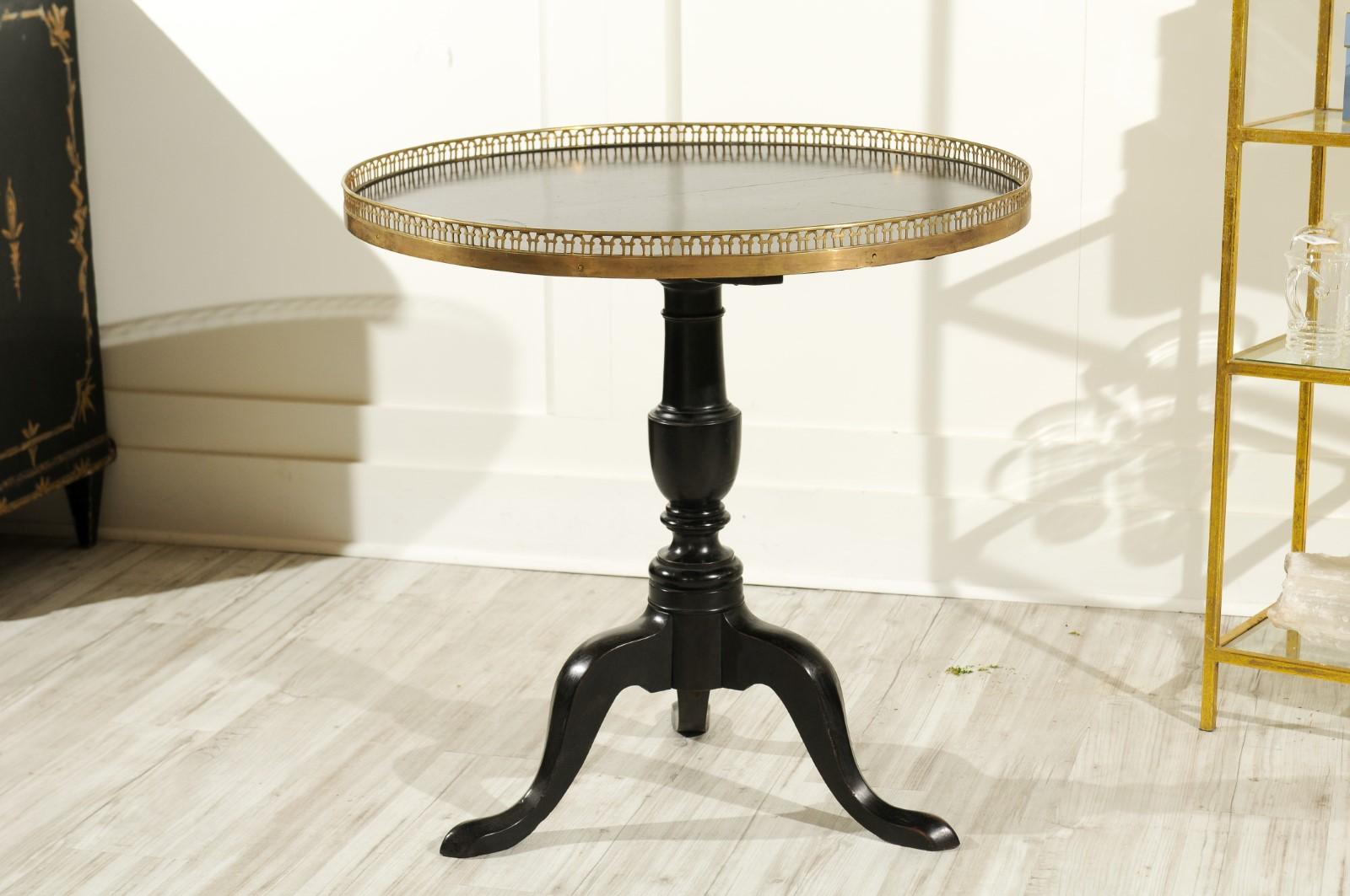 French 1920s Black-Painted Pedestal Tilt-Top Table with Pierced Brass Gallery 1