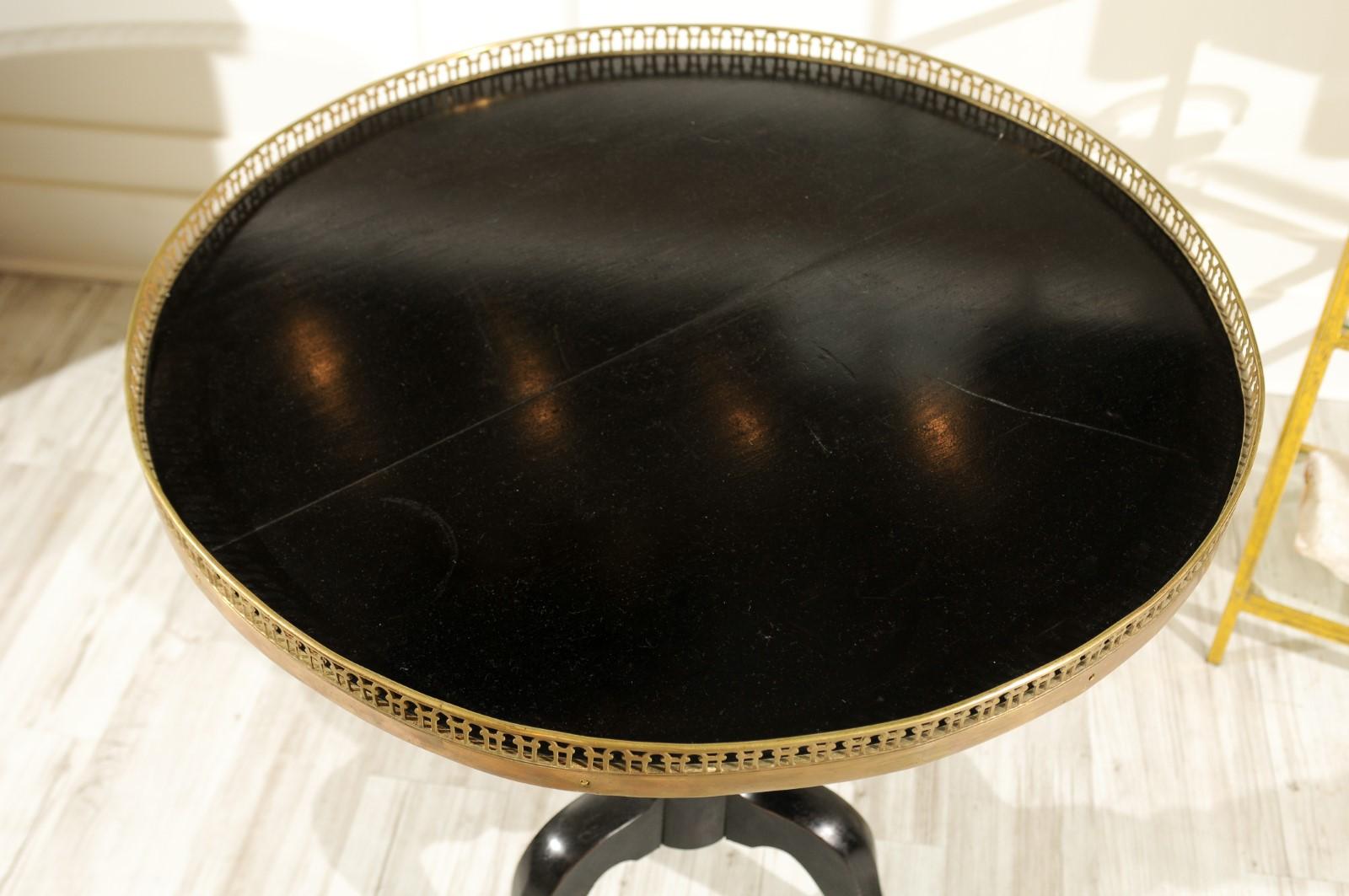 French 1920s Black-Painted Pedestal Tilt-Top Table with Pierced Brass Gallery 3