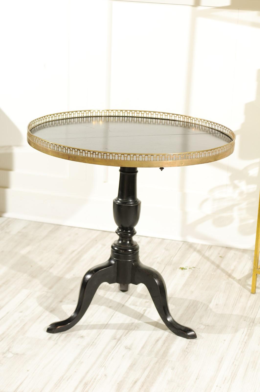 French 1920s Black-Painted Pedestal Tilt-Top Table with Pierced Brass Gallery 4