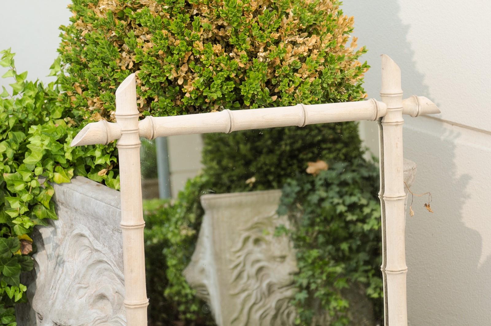 20th Century French 1920s Bleached Faux Bamboo Rectangular Mirror with Protruding Corners