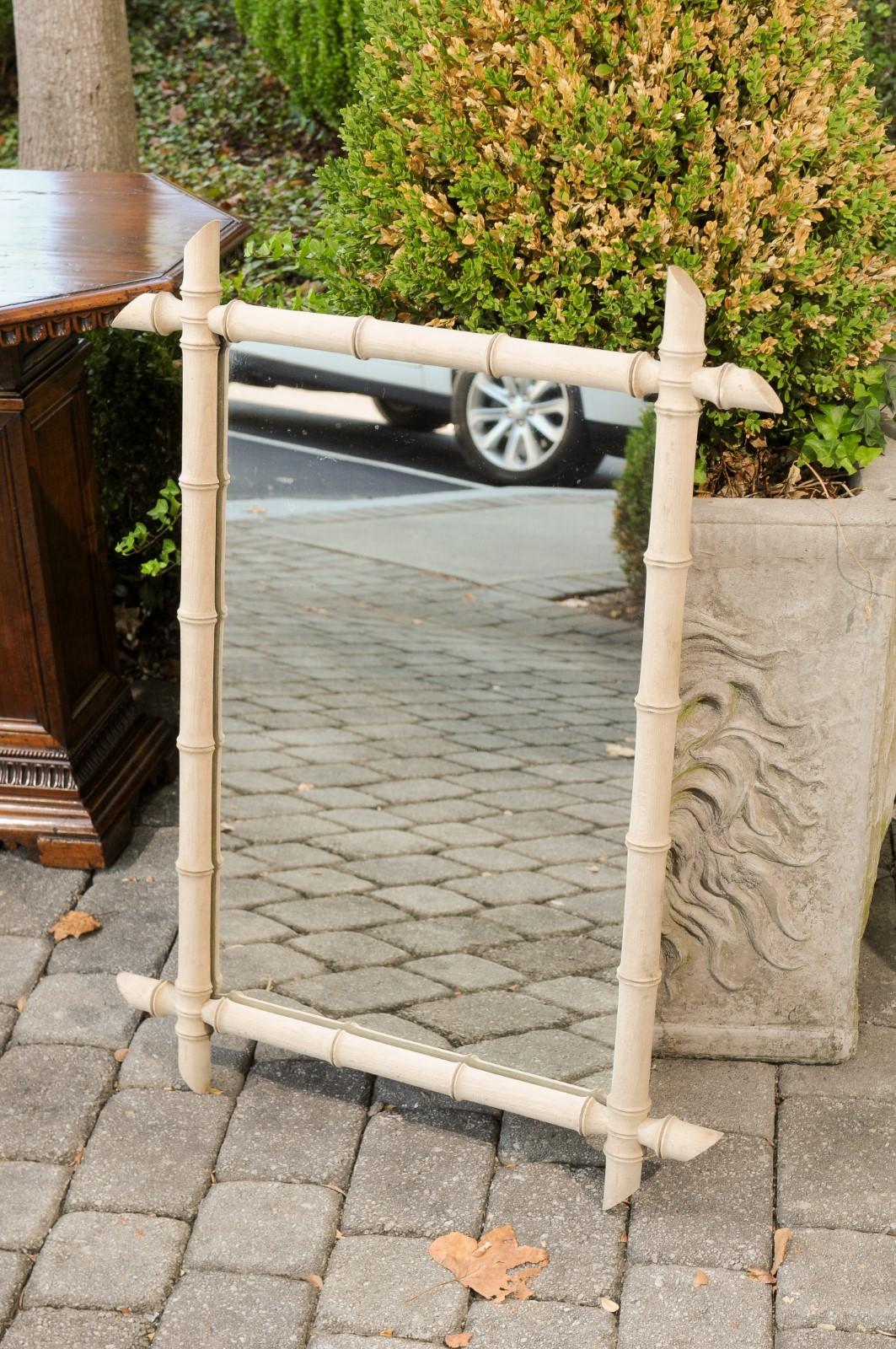 French 1920s Bleached Faux Bamboo Rectangular Mirror with Protruding Corners 3
