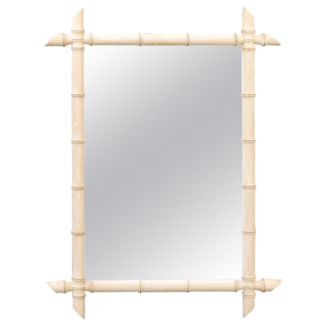 French 1920s Bleached Faux Bamboo Rectangular Mirror with Protruding Corners