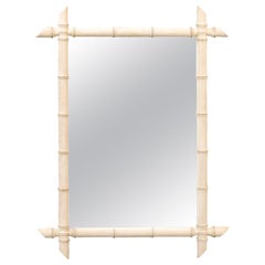 French 1920s Bleached Faux Bamboo Rectangular Mirror with Protruding Corners