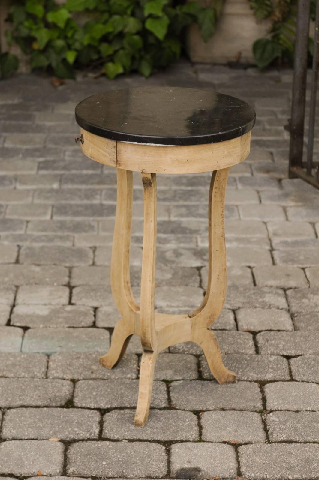 French 1920s Bleached Oak Round Table with Black Marble Top and Lyre Shaped Legs 6
