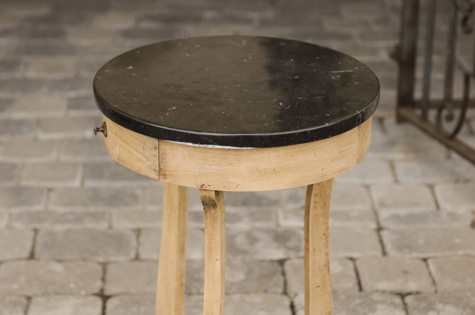 French 1920s Bleached Oak Round Table with Black Marble Top and Lyre Shaped Legs 7