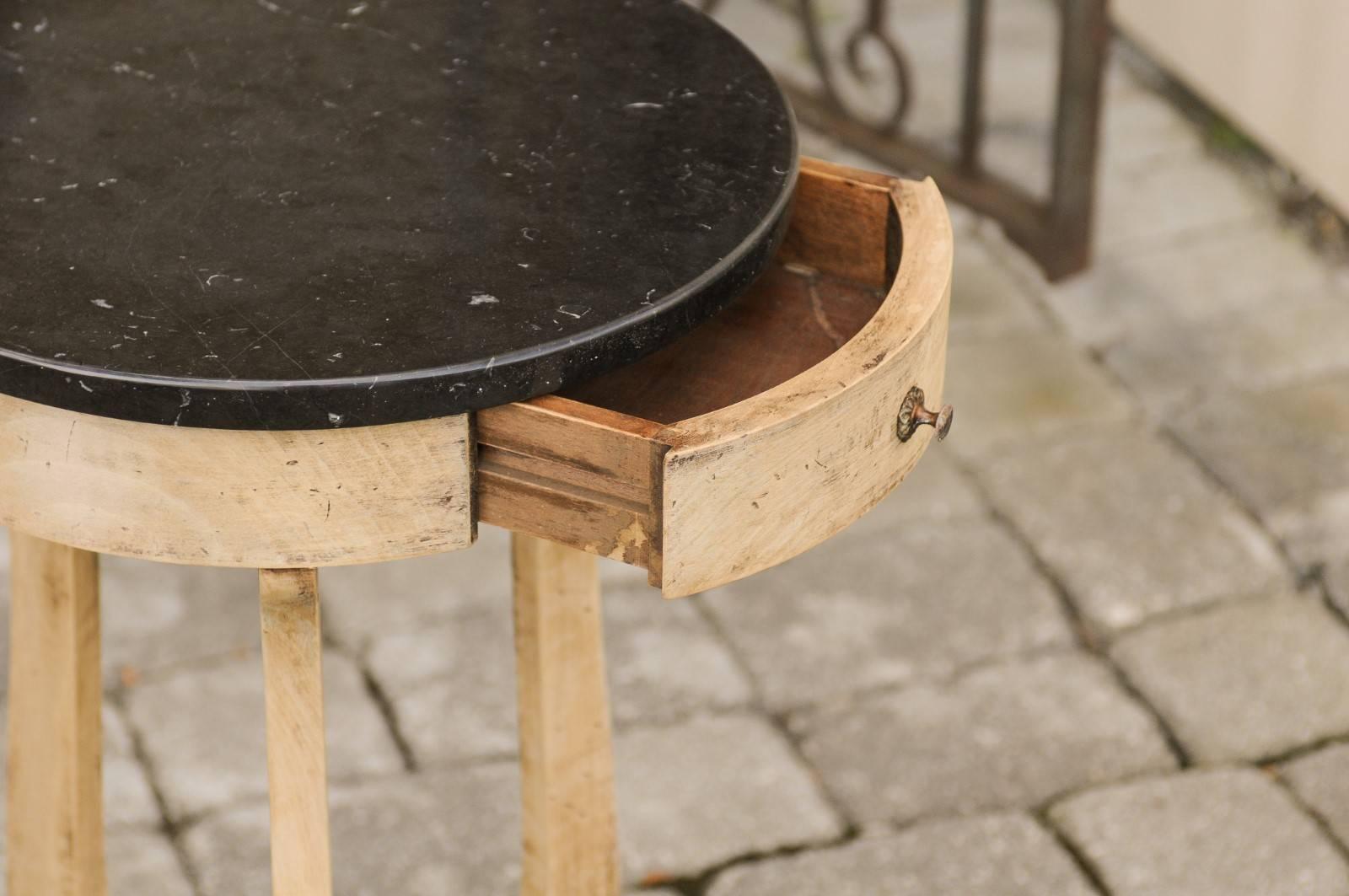 French 1920s Bleached Oak Round Table with Black Marble Top and Lyre Shaped Legs 3