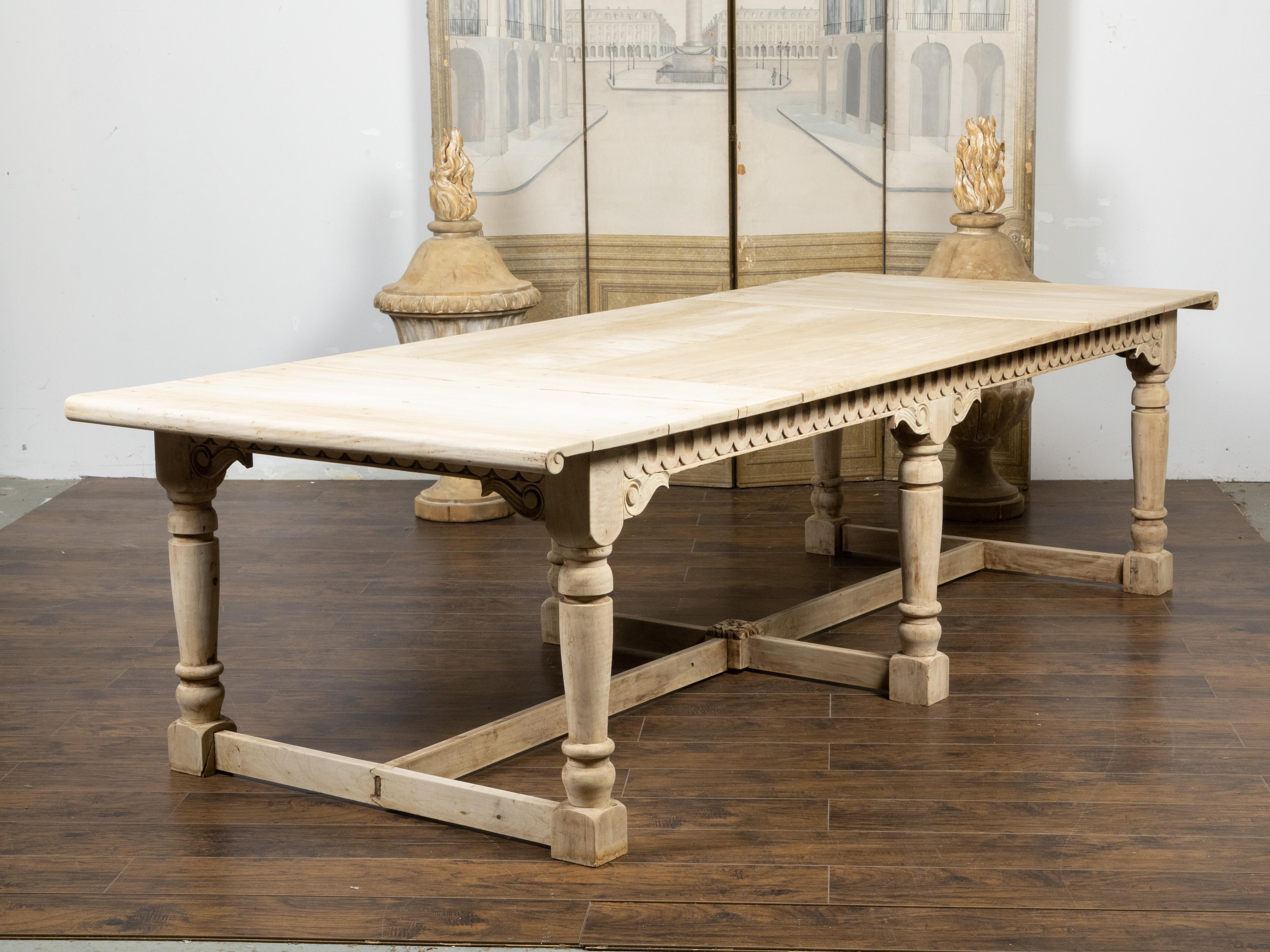 French, 1920s, Bleached Walnut Dining Table with Carved Apron and Scrolling Top For Sale 2