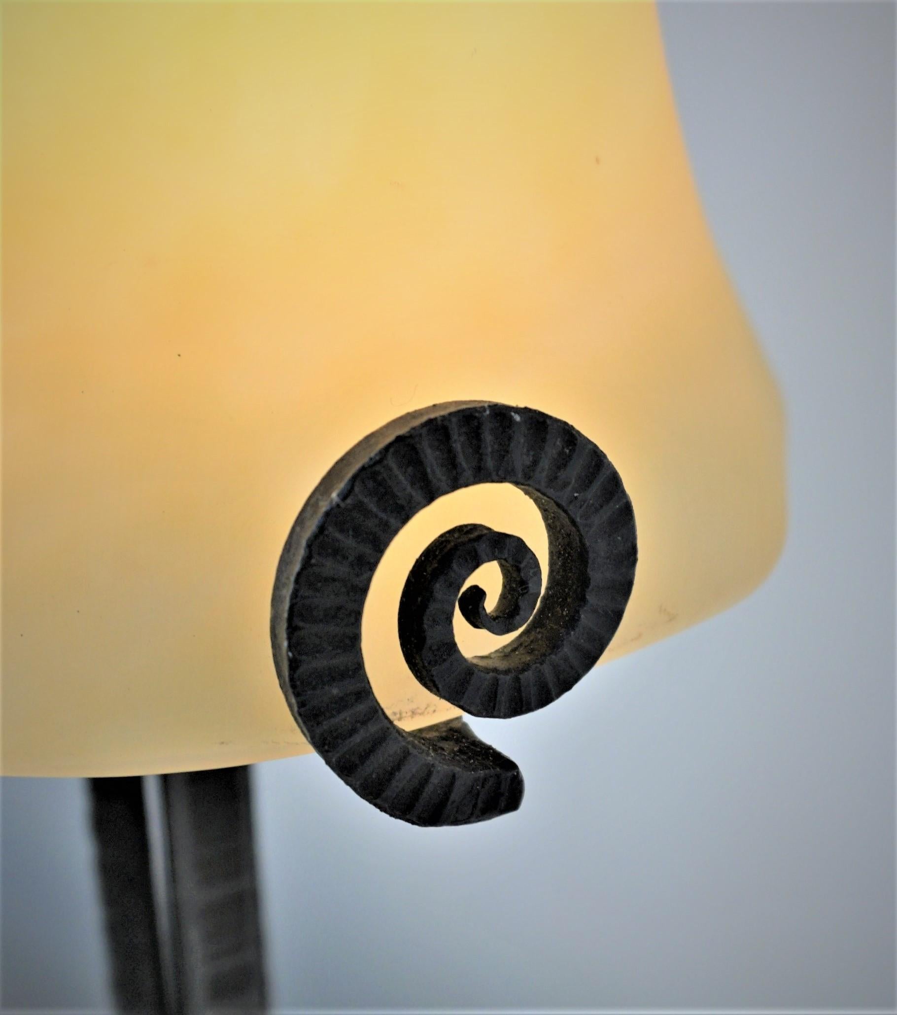 Art Deco French 1920's Blown Glass Wrought Iron Table Lamp For Sale