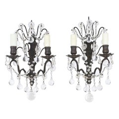 French 1920s Bronze and Crystal Sconces