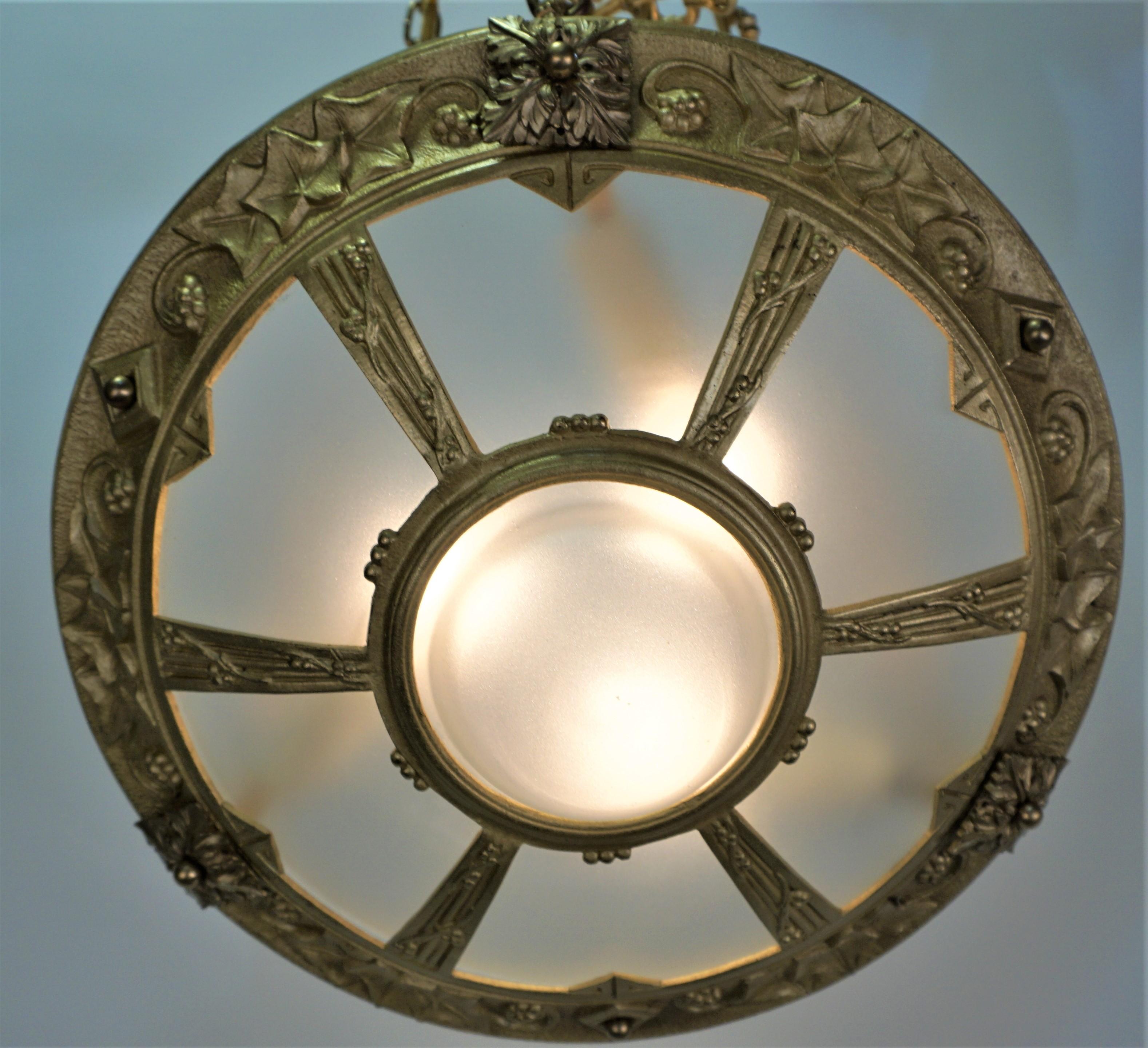 French 1920's Bronze and Glass Art Deco Chandelier 1