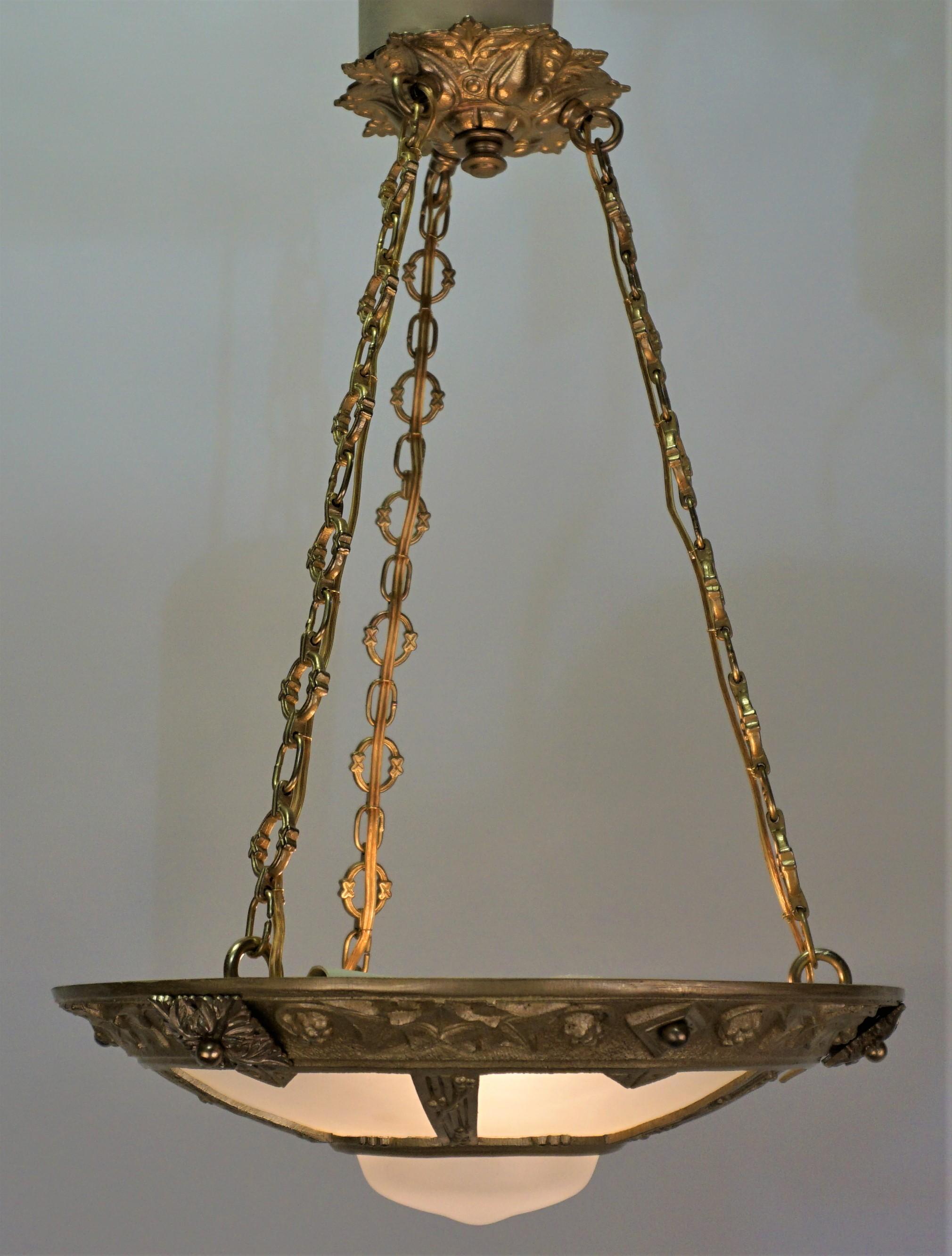 French 1920's Bronze and Glass Art Deco Chandelier 2