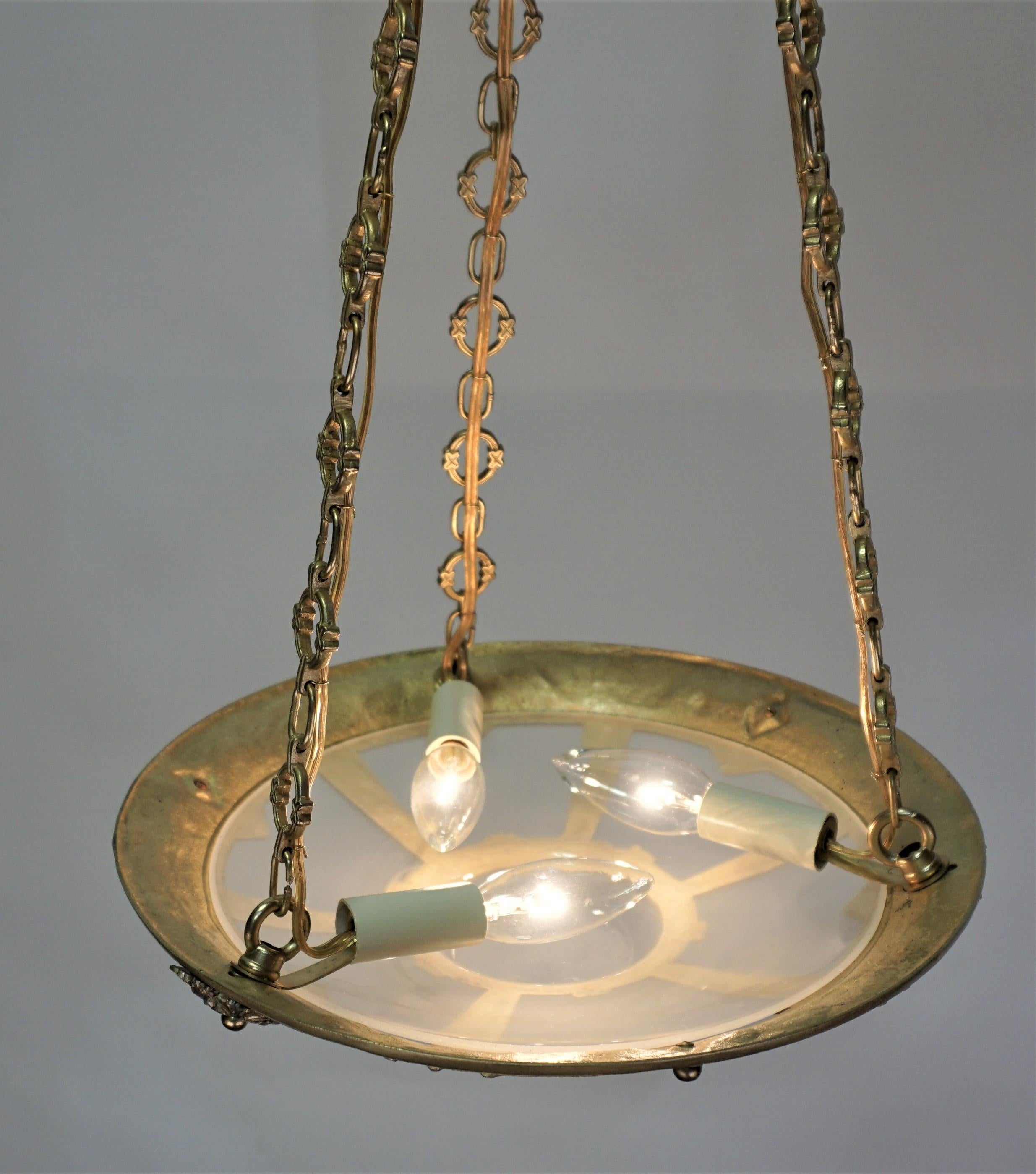 French 1920's Bronze and Glass Art Deco Chandelier 3
