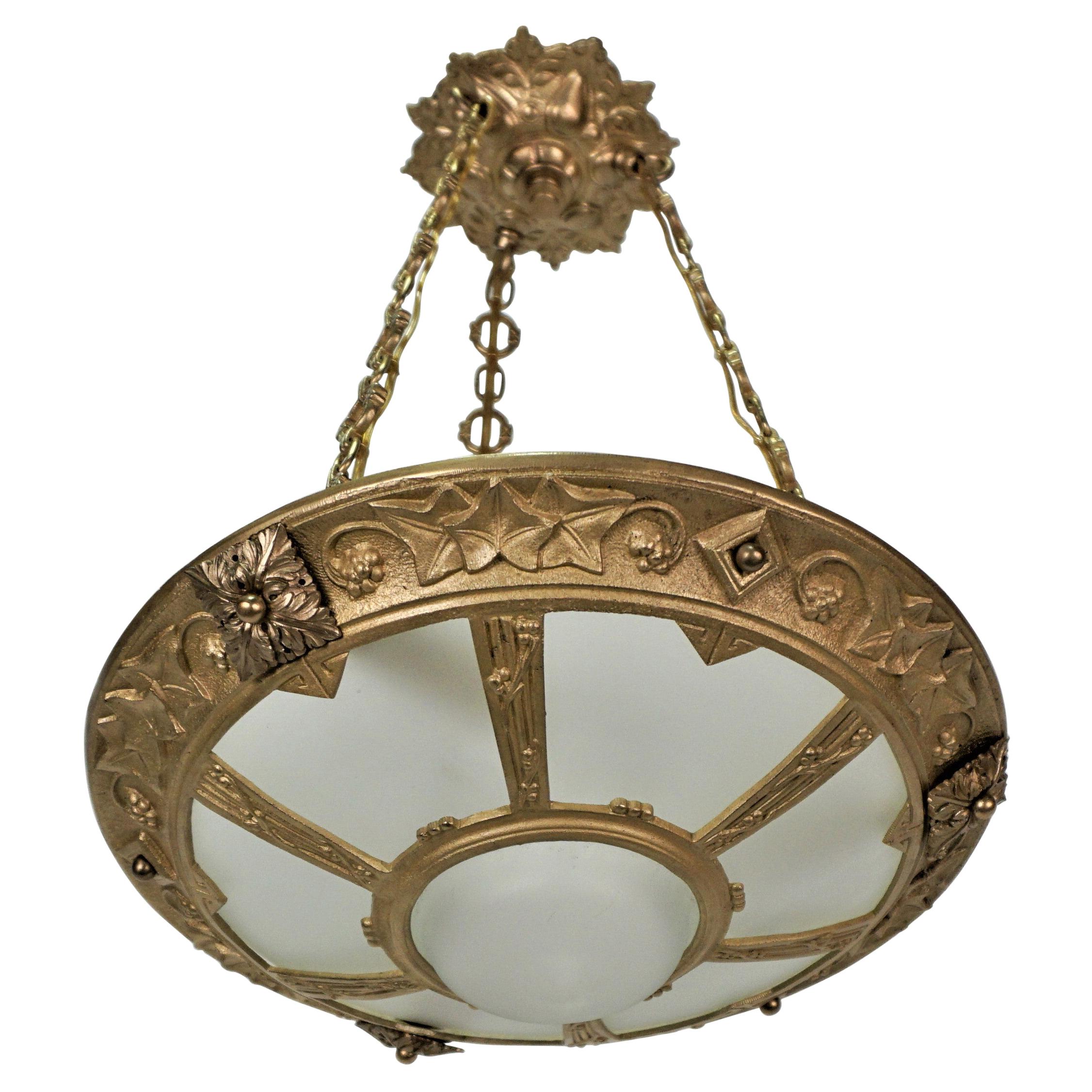 French 1920's Bronze and Glass Art Deco Chandelier