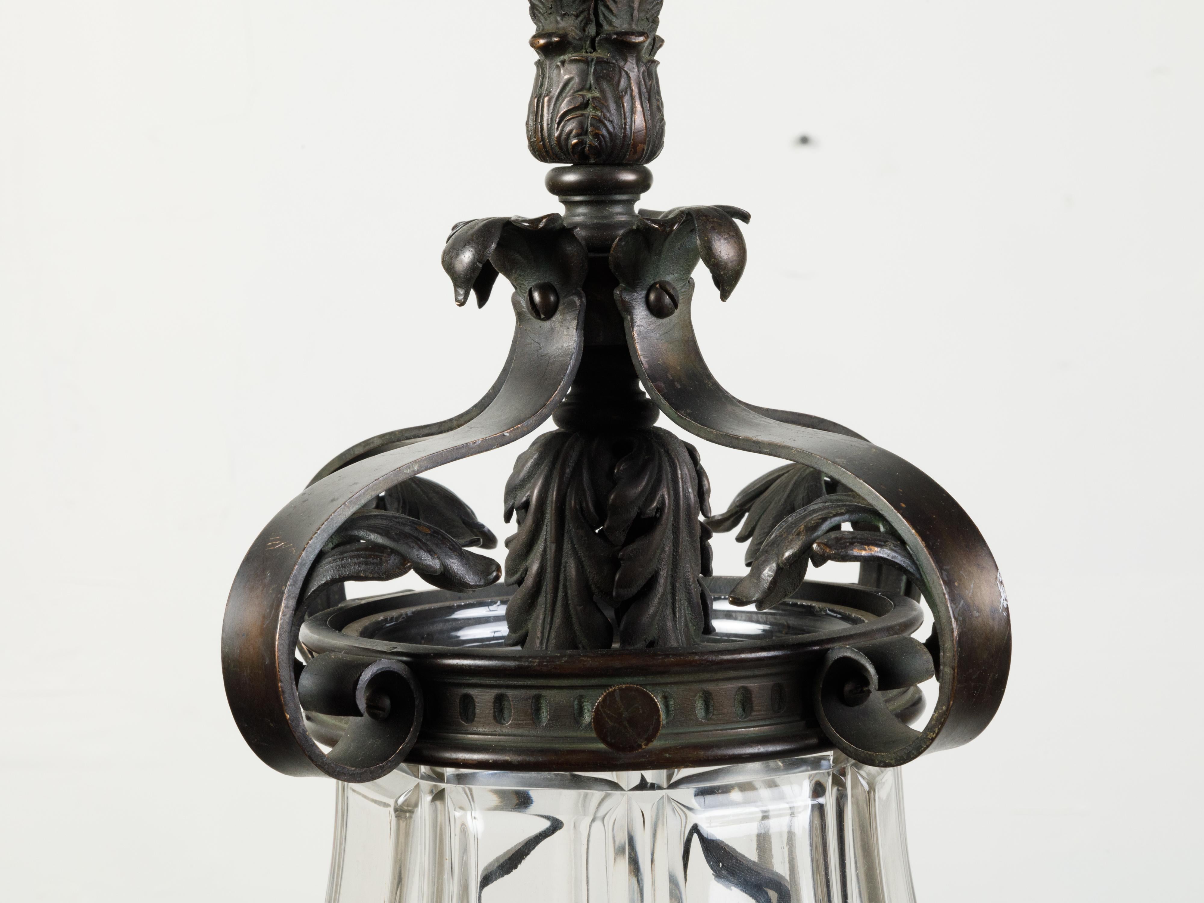 20th Century French 1920s Bronze and Glass Lantern with Feathers and Acanthus Leaves For Sale