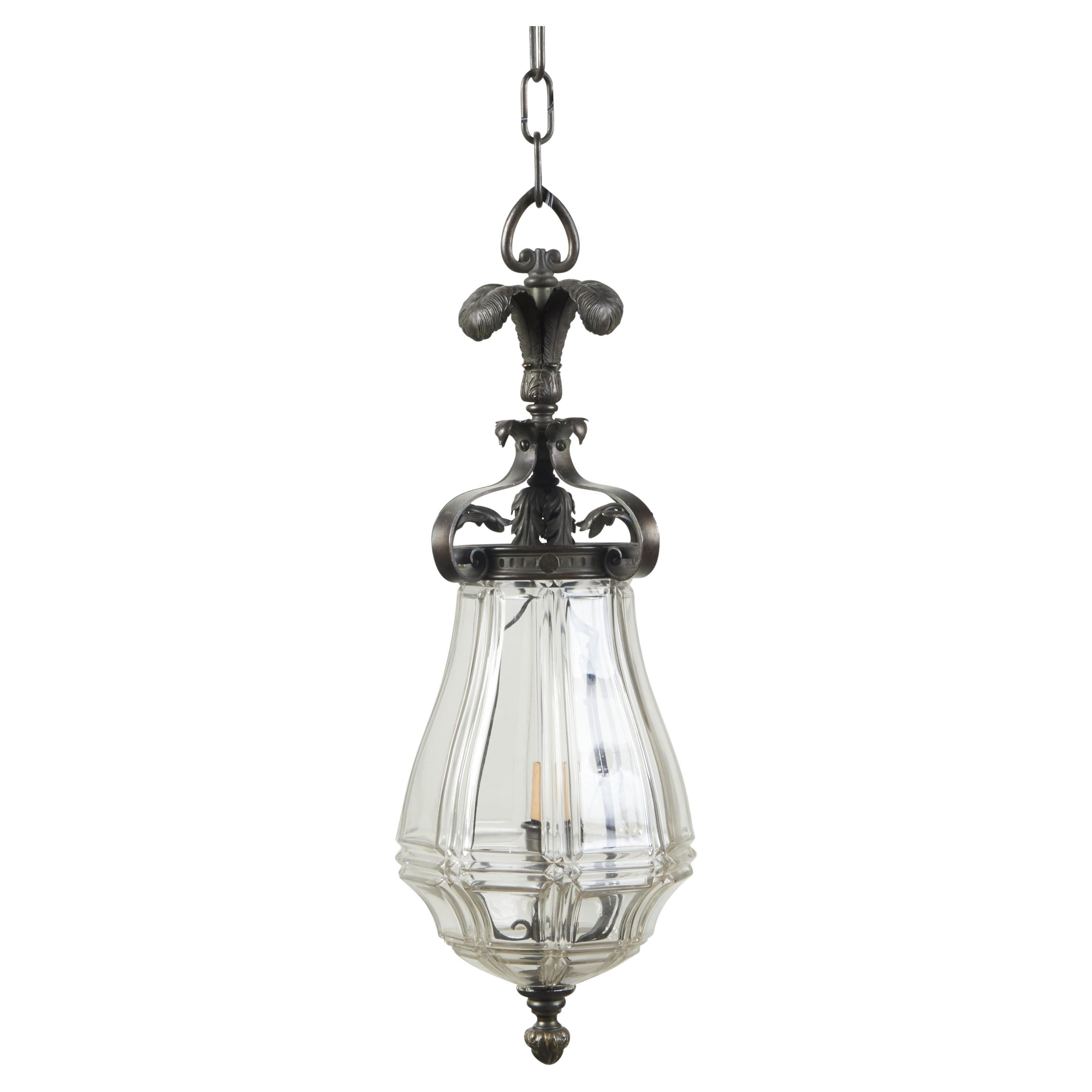 French 1920s Bronze and Glass Lantern with Feathers and Acanthus Leaves For Sale