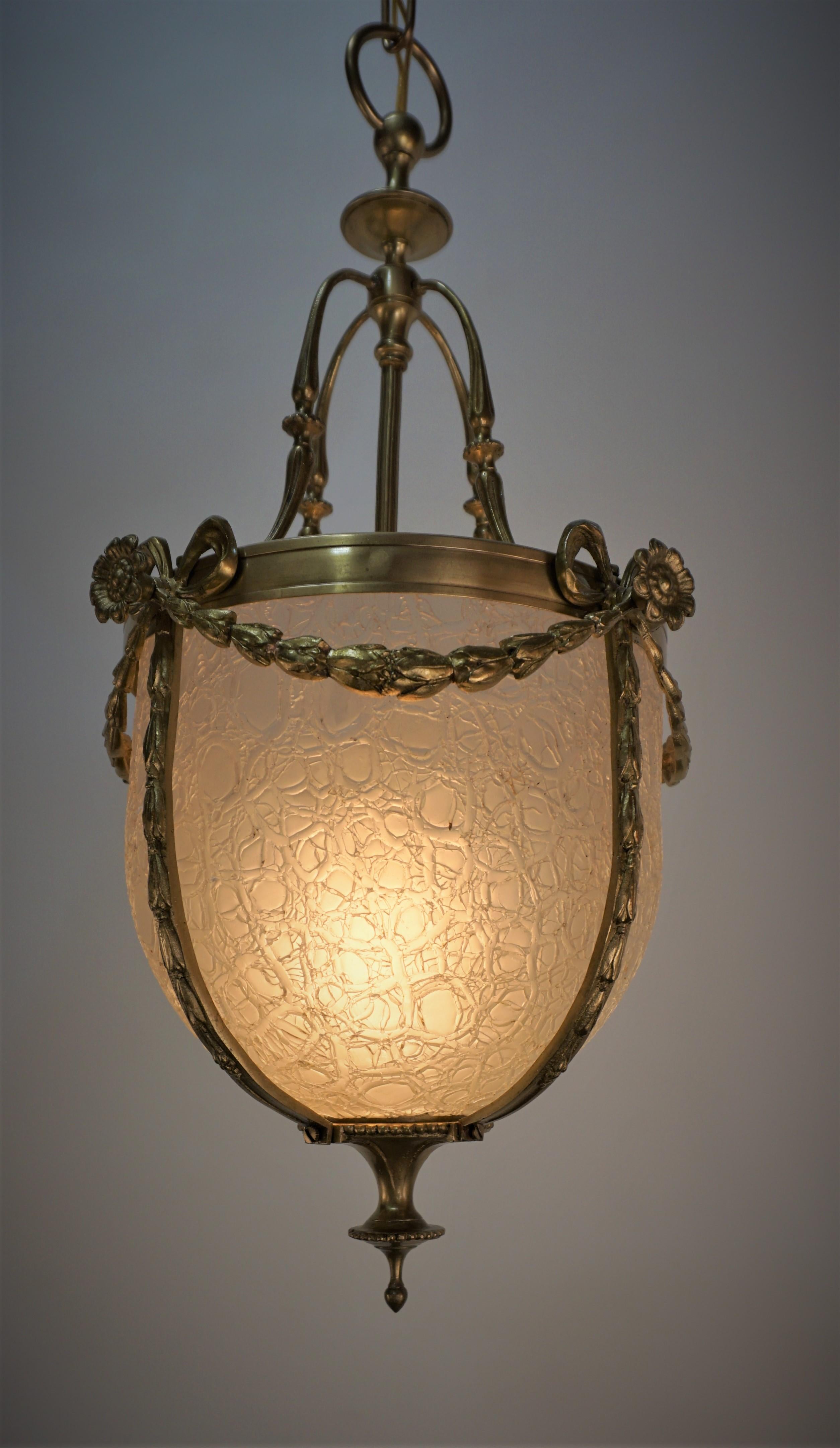 French 1920's Bronze and Texture glass Lanter/Chandelier In Good Condition For Sale In Fairfax, VA