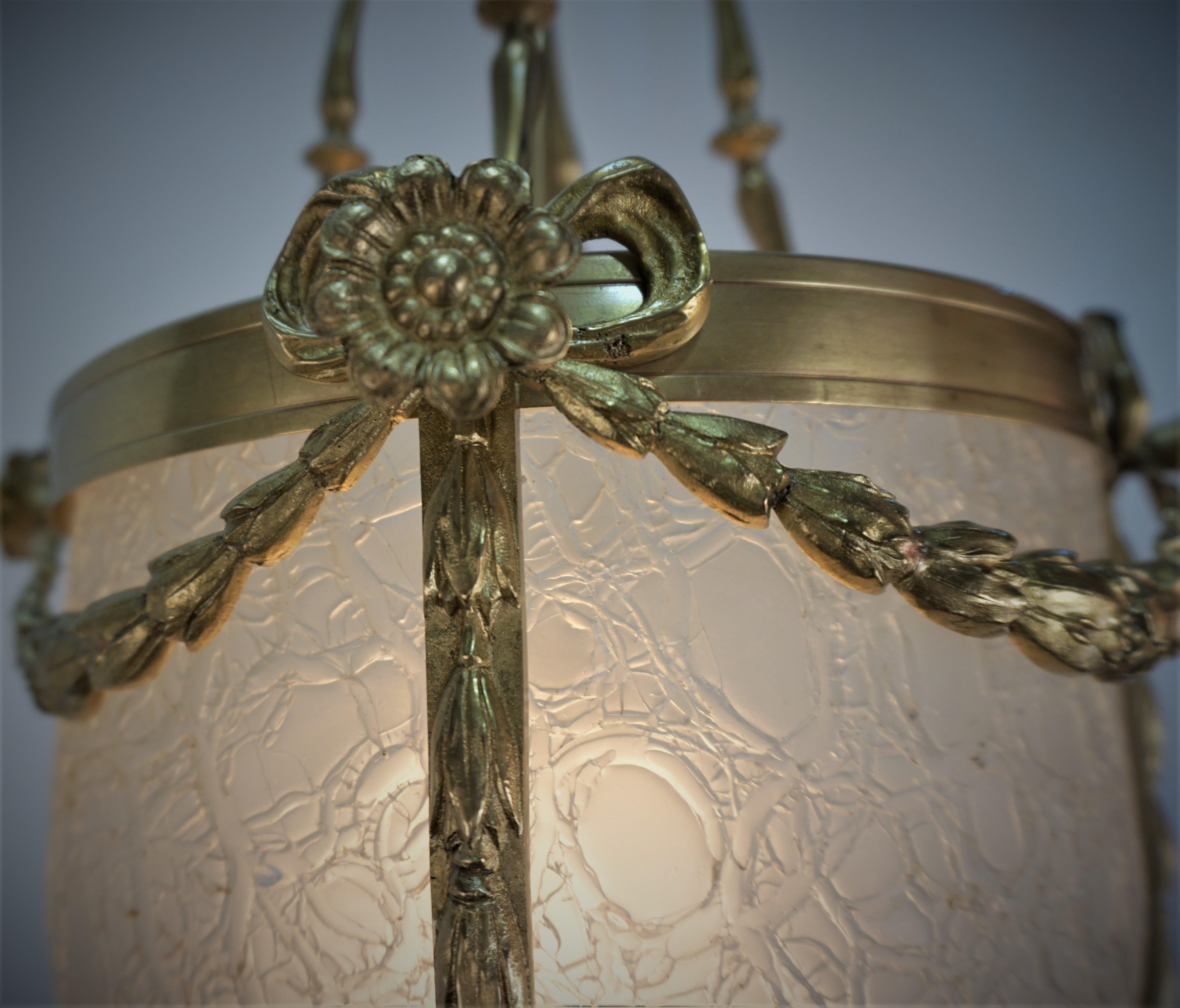 Early 20th Century French 1920's Bronze and Texture glass Lanter/Chandelier For Sale