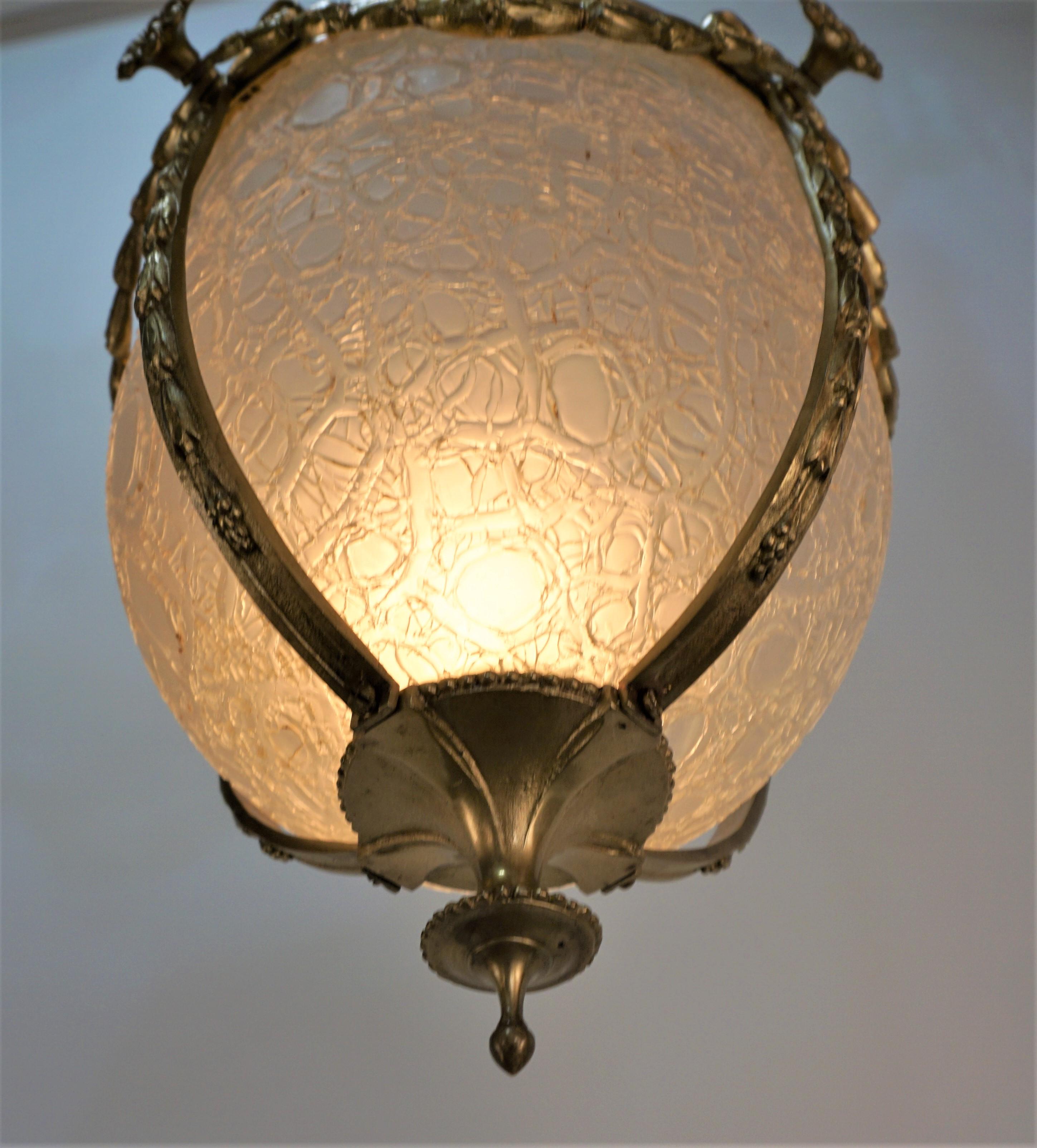 French 1920's Bronze and Texture glass Lanter/Chandelier For Sale 1