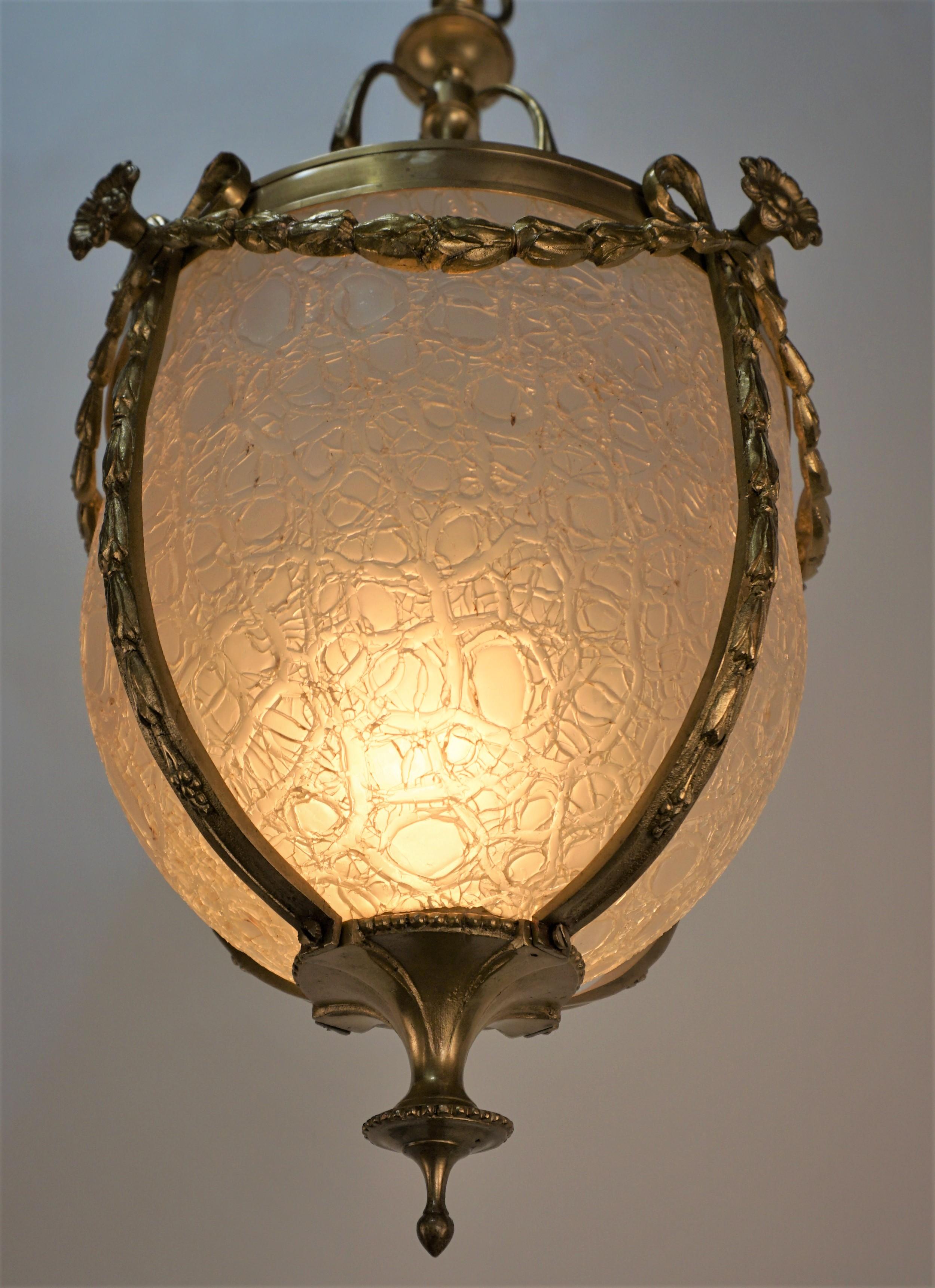 French 1920's Bronze and Texture glass Lanter/Chandelier For Sale 2