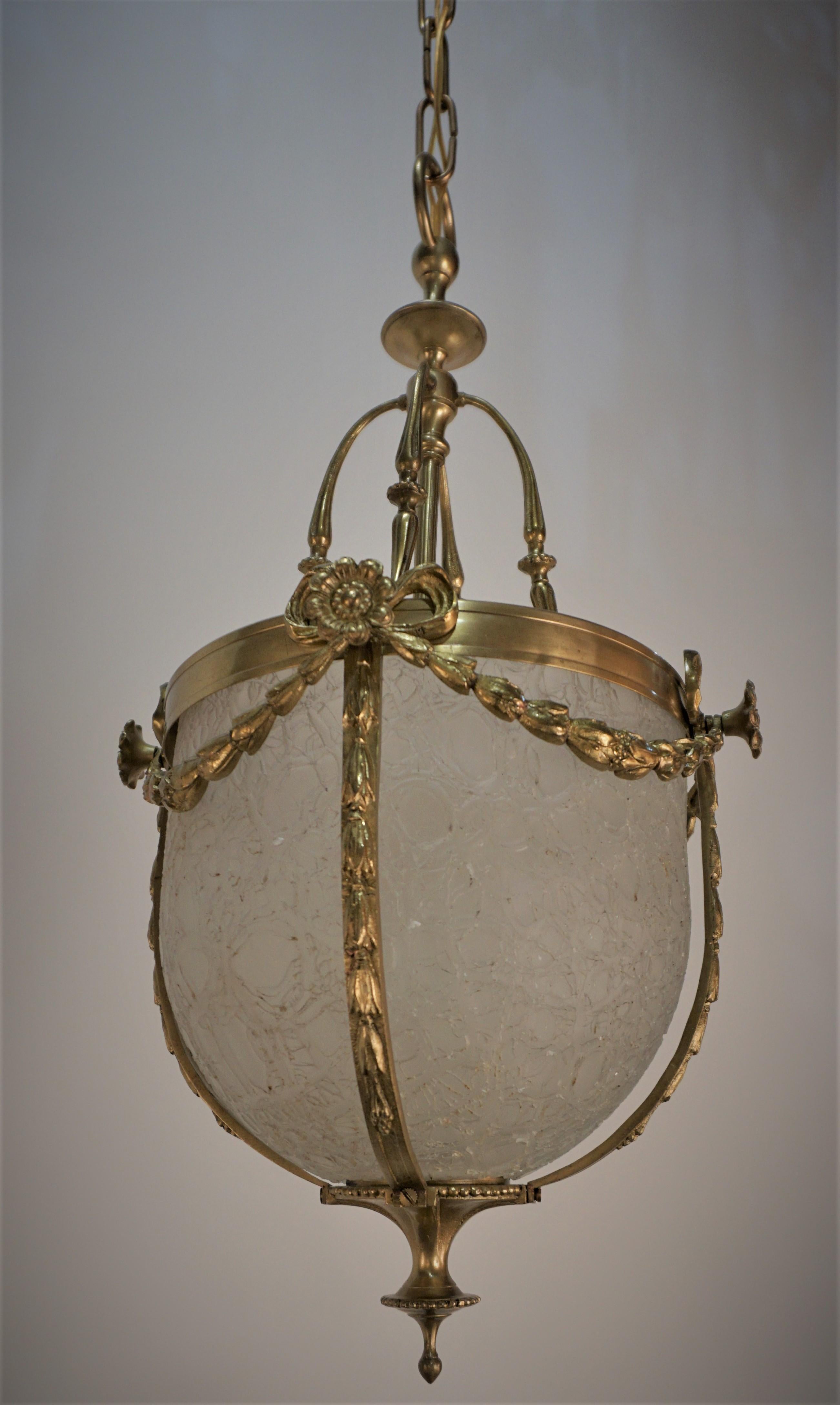 French 1920's Bronze and Texture glass Lanter/Chandelier For Sale 5