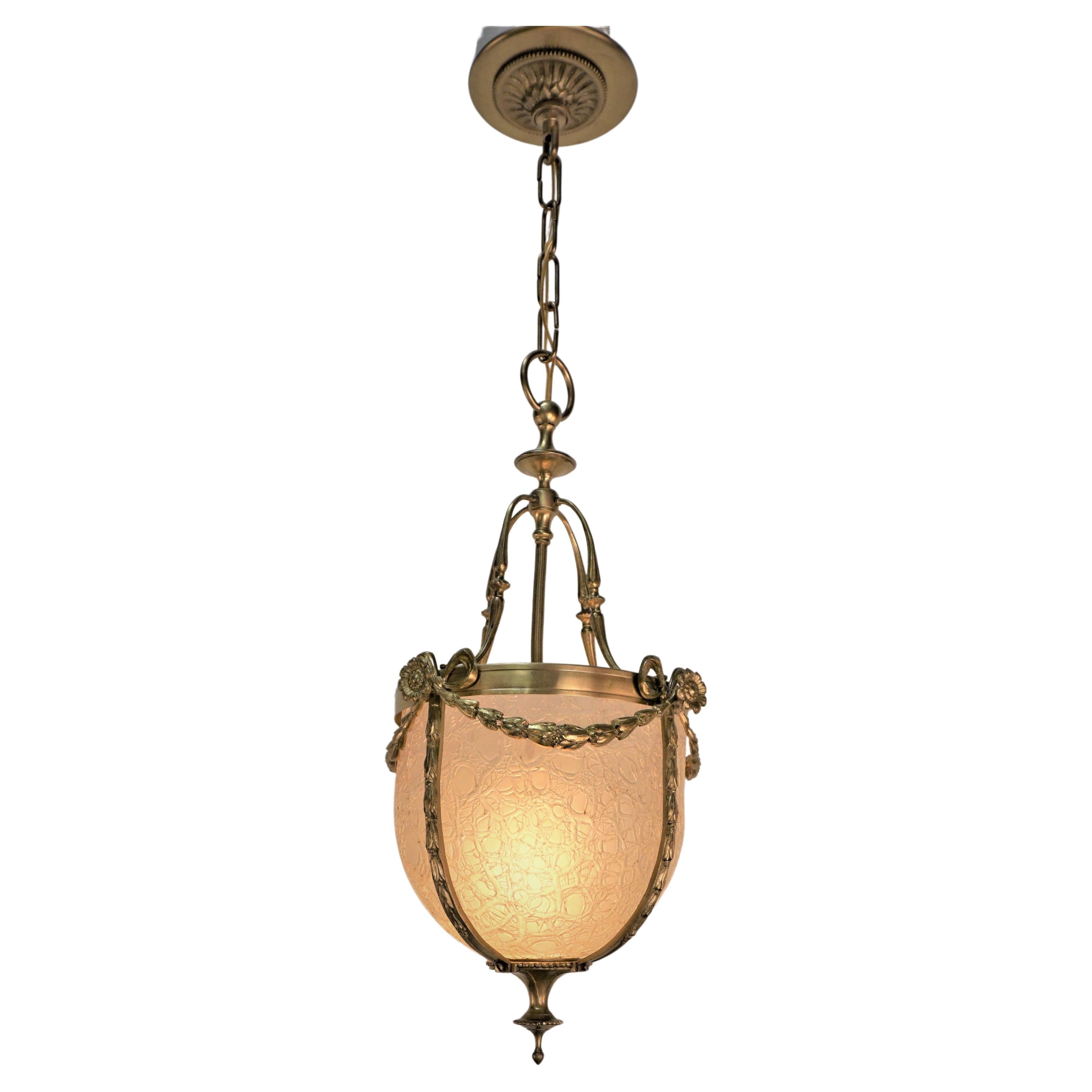 French 1920's Bronze and Texture glass Lanter/Chandelier For Sale