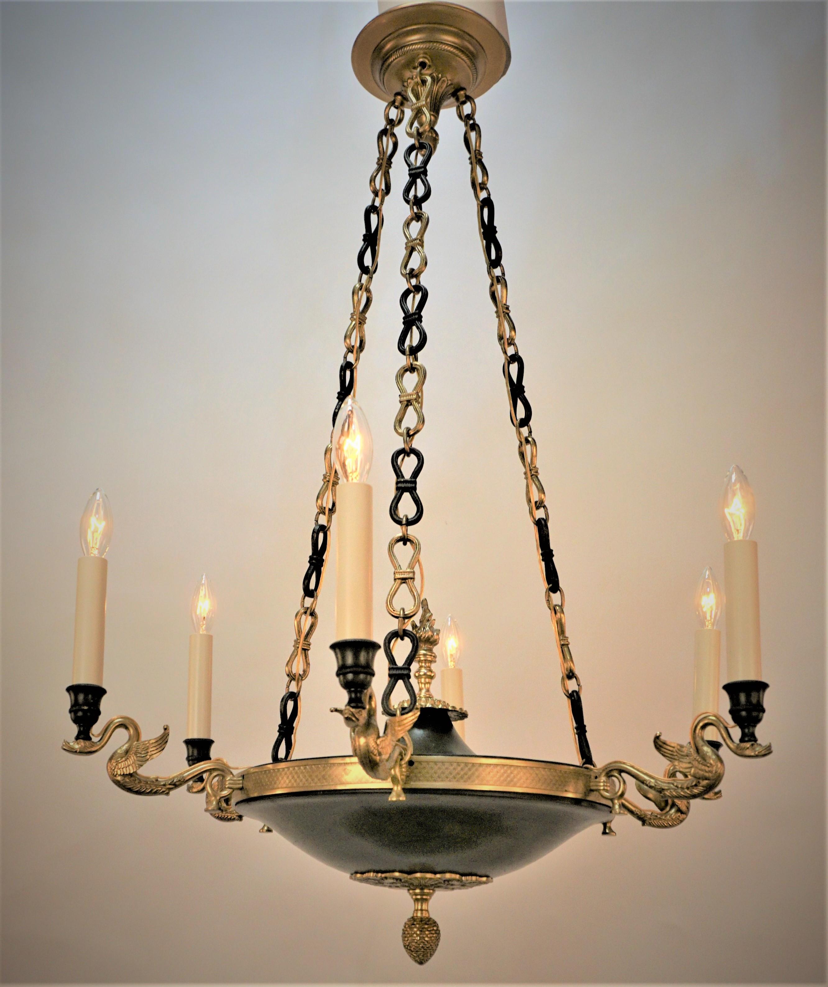 French verdi green and gold bronze empire chandelier with beautiful swan arms.
