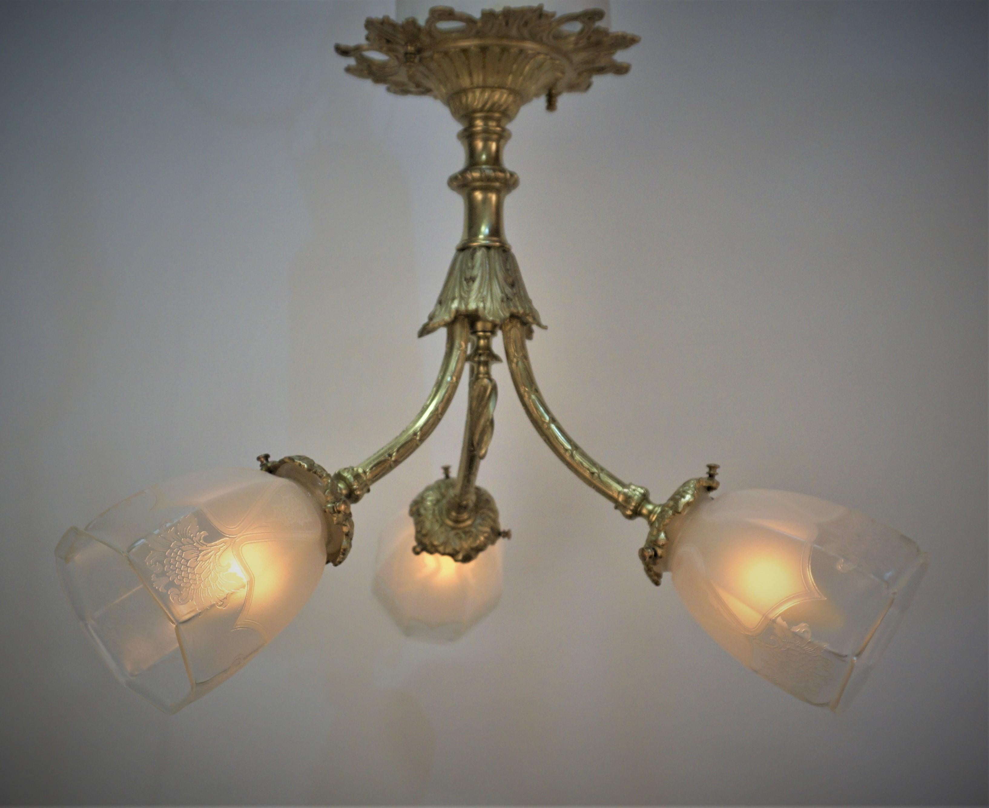 French 1920's Bronze & Etched Chandelier. For Sale 2