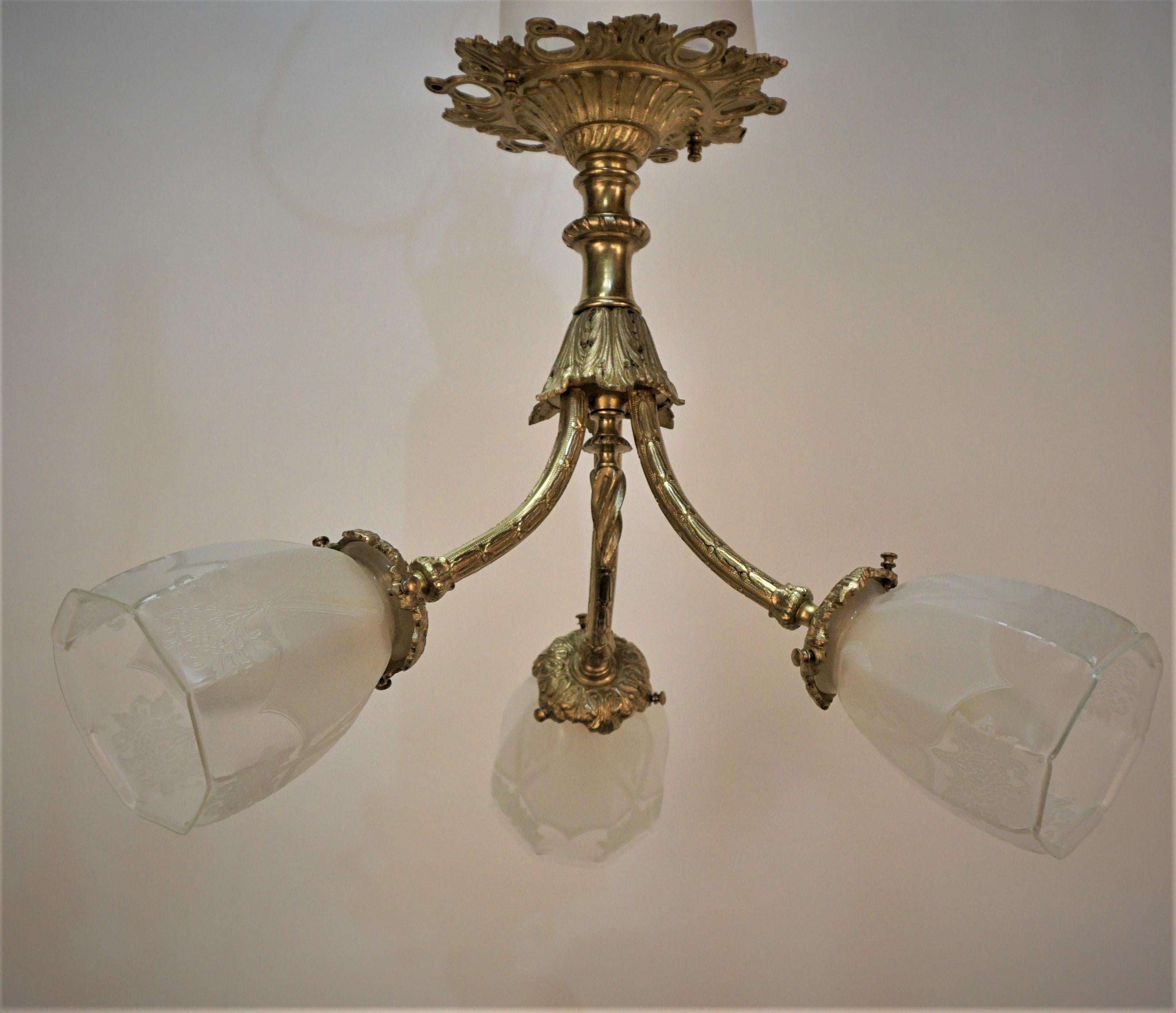 French 1920's Bronze & Etched Chandelier. For Sale 3