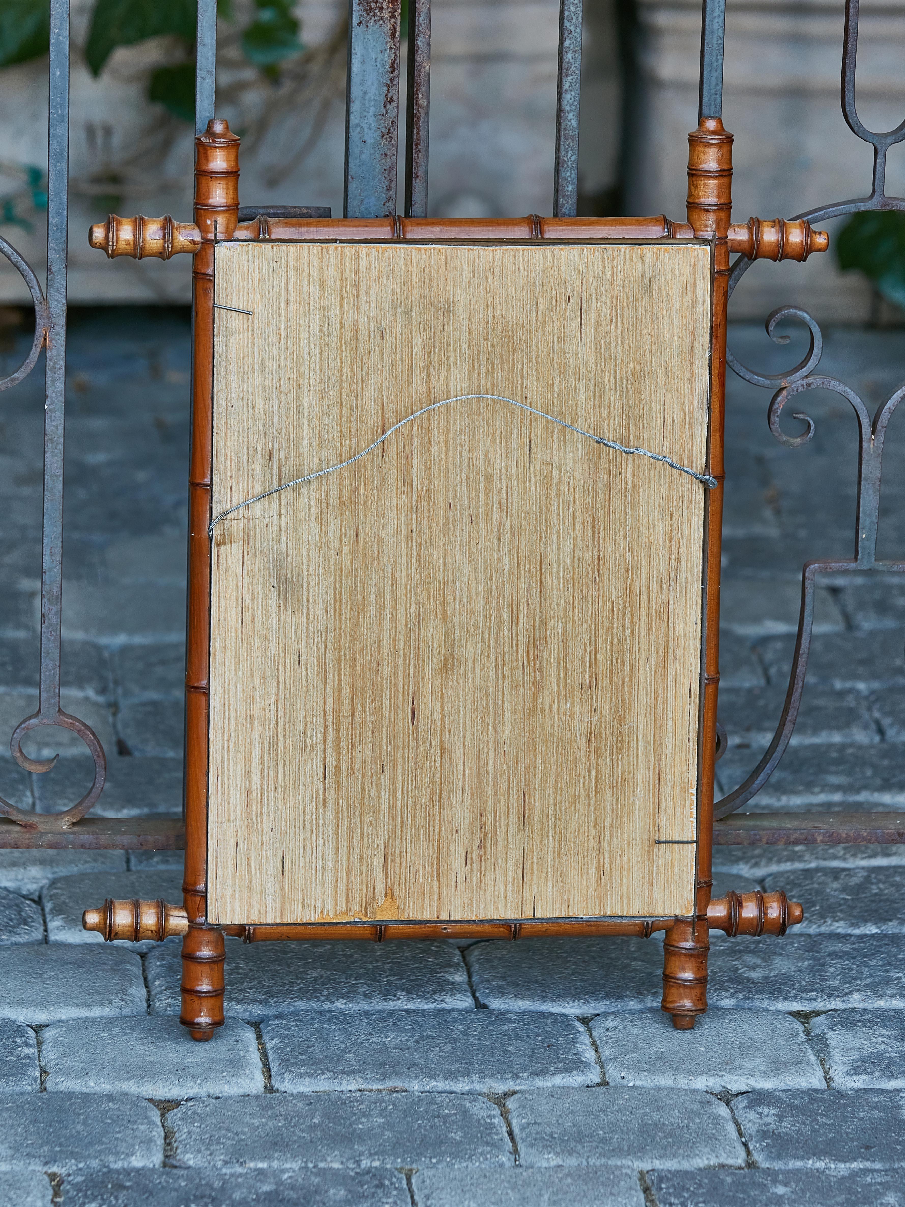 French 1920s Brown Walnut Faux-Bamboo Mirror with Intersecting Corners 1