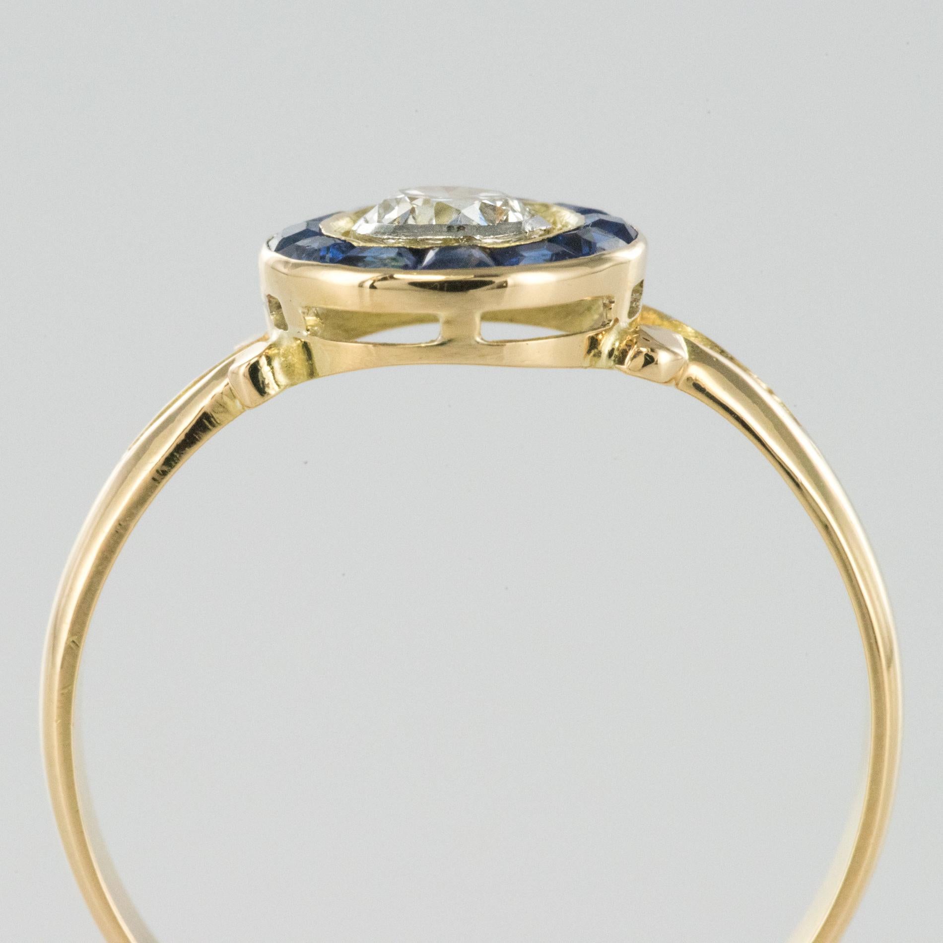 French 1920s Calibrated Sapphires Diamond Yellow Gold Ring 7