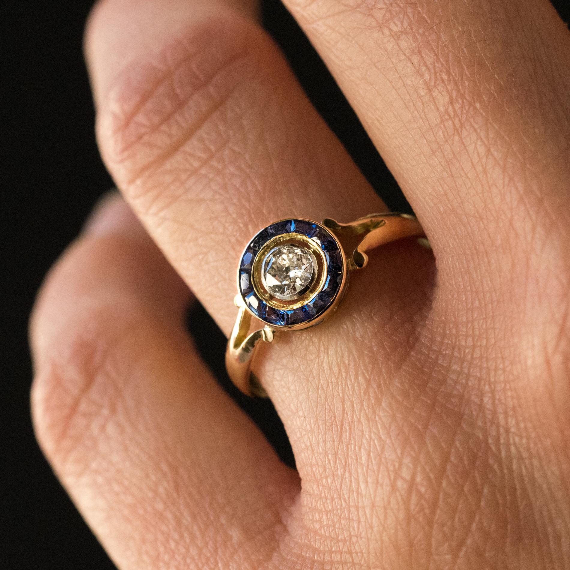 Radiant Cut French 1920s Calibrated Sapphires Diamond Yellow Gold Ring