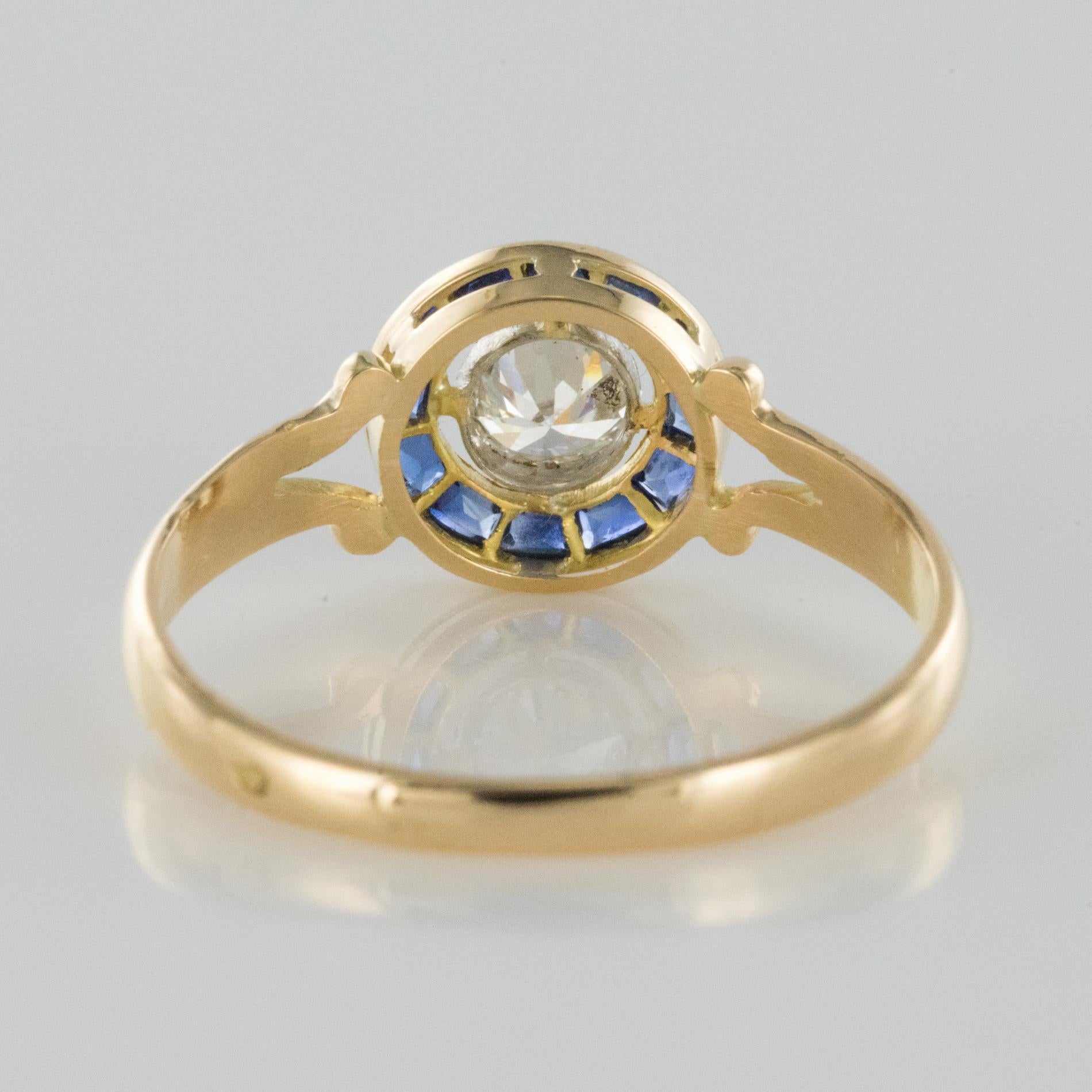 French 1920s Calibrated Sapphires Diamond Yellow Gold Ring 2