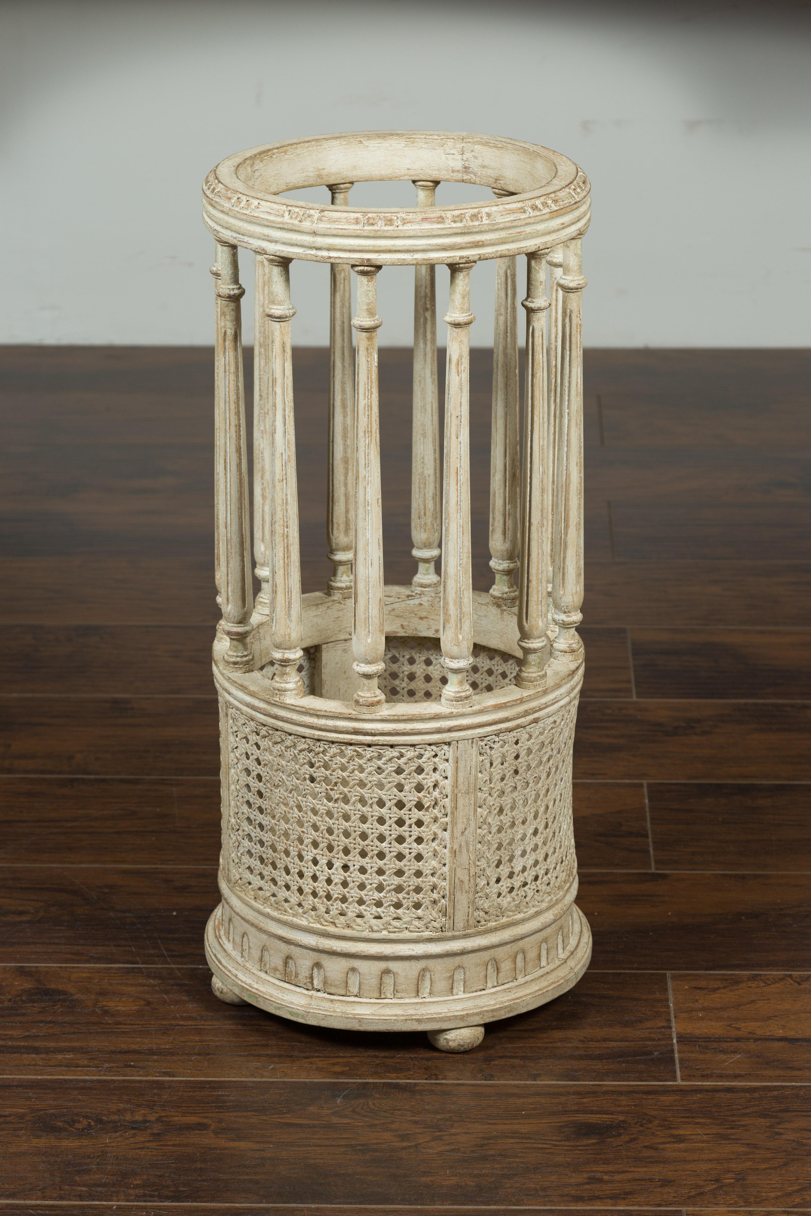 French 1920s Carved and Painted Wood and Cane Umbrella Stand with Fluted Columns 9