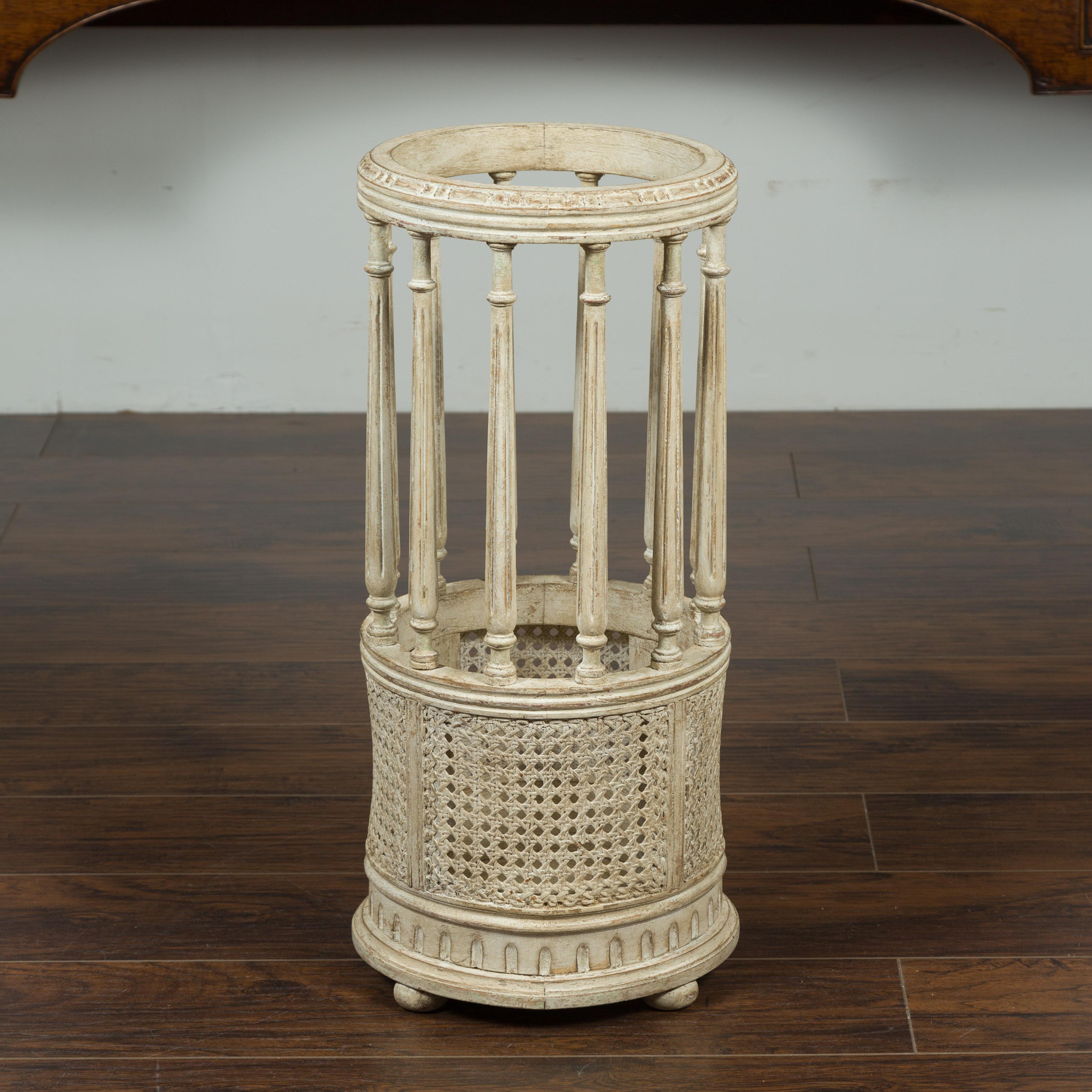 French 1920s Carved and Painted Wood and Cane Umbrella Stand with Fluted Columns In Good Condition In Atlanta, GA