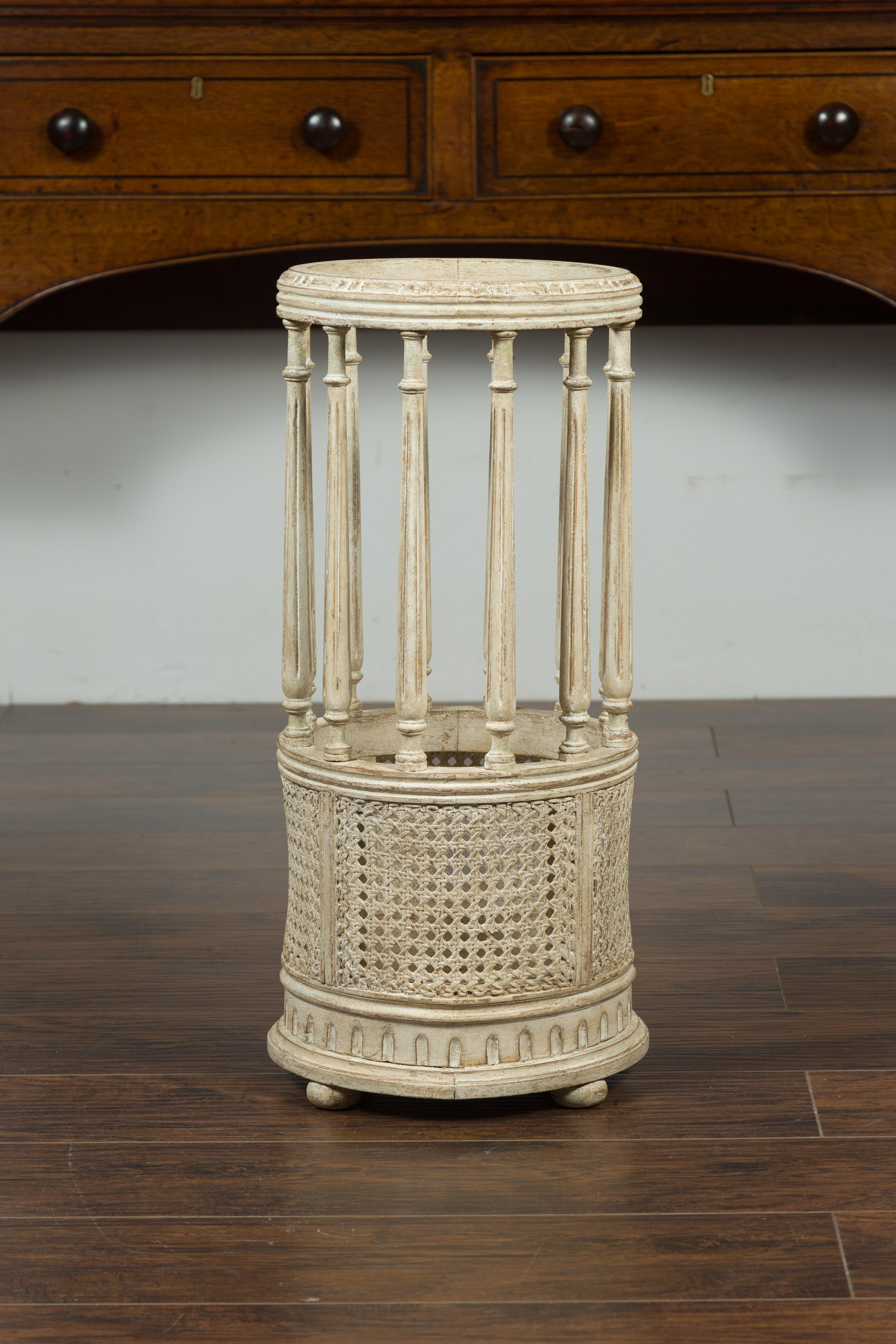 20th Century French 1920s Carved and Painted Wood and Cane Umbrella Stand with Fluted Columns