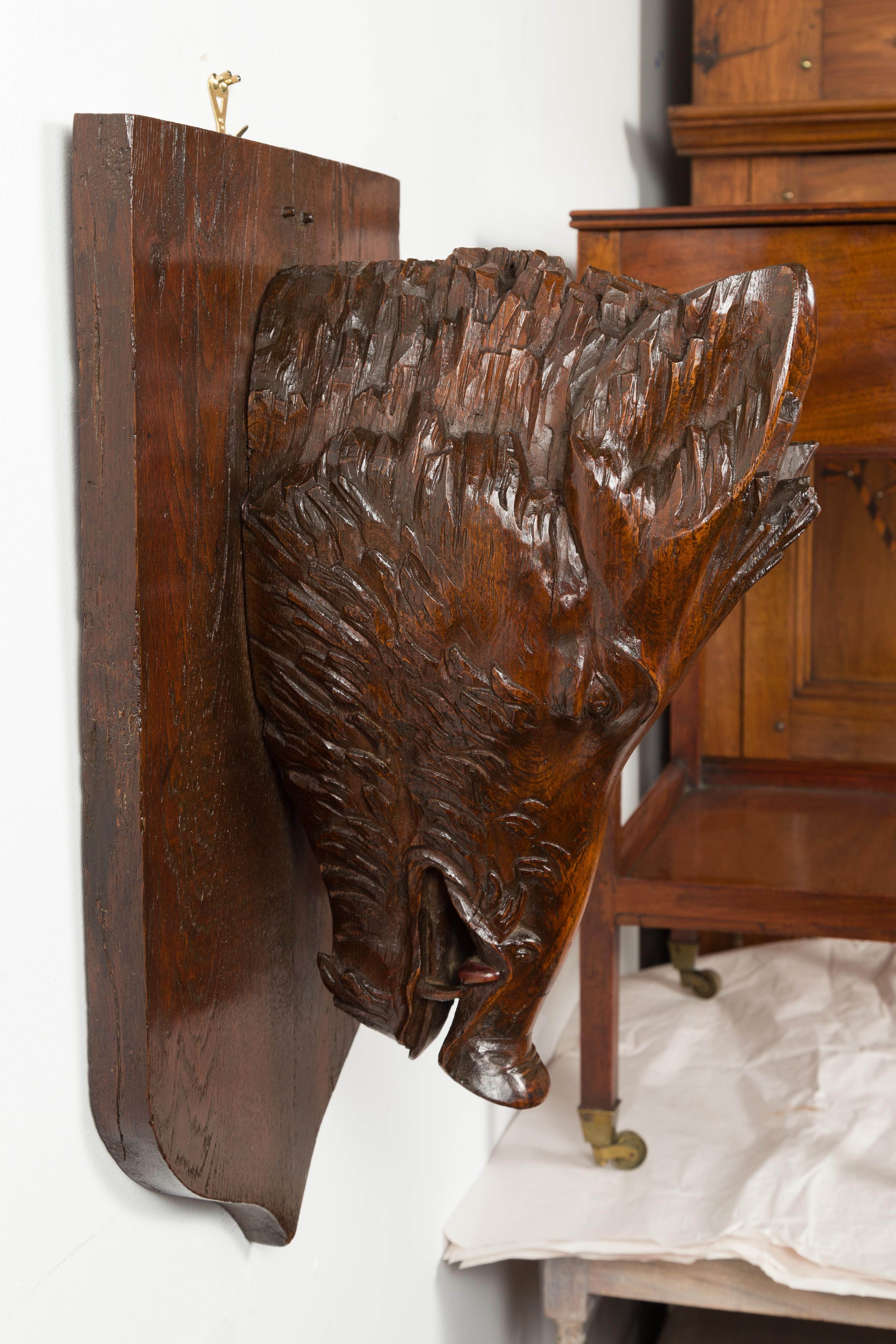 French 1920s Carved Wooden Boar's Head on Shield Shaped Back In Good Condition For Sale In Atlanta, GA