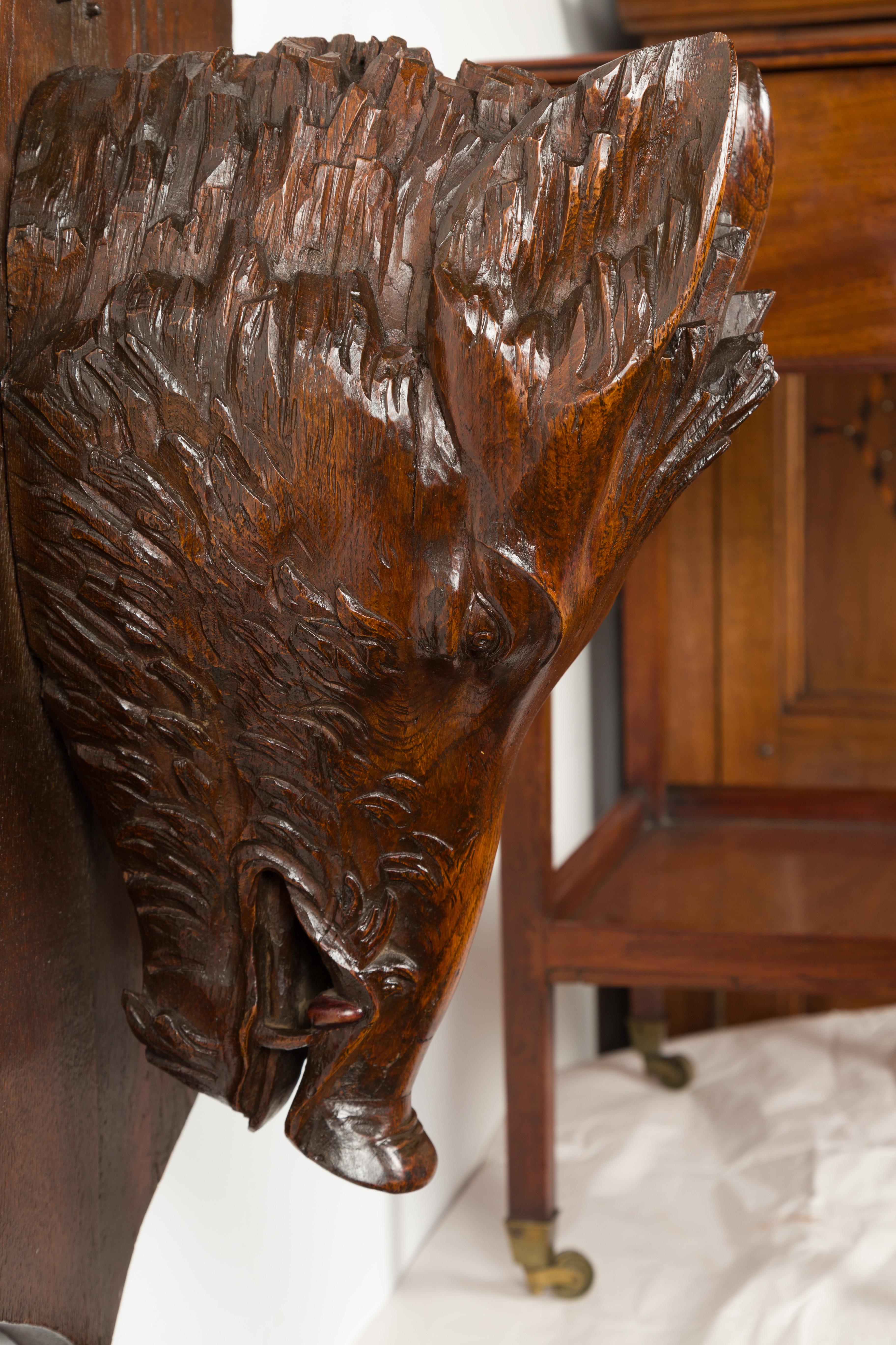 20th Century French 1920s Carved Wooden Boar's Head on Shield Shaped Back For Sale